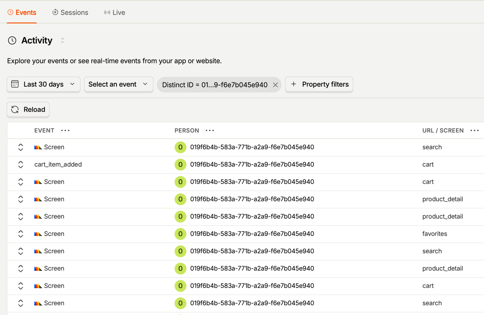 PostHog Activity-Ansicht aus einem internen appsoluts-Testprojekt, ohne echte Kundendaten: Event-Liste gefiltert nach einer anonymen Distinct ID vor dem identify()-Aufruf. Zeigt, dass Events auch ohne identify unter der anonymen ID sichtbar bleiben, erst identify() bündelt sie später in ein Person-Profil.