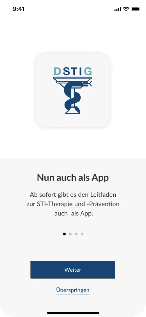 Startansicht mit der Ankündigung des Leitfadens zur STI-Therapie und Prävention als neue App-Funktion.