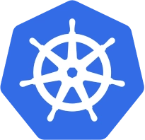 Logo von Kubernetes, ein stilisiertes Steuerrad in Blau, symbolisiert das Container-Orchestrierungssystem.