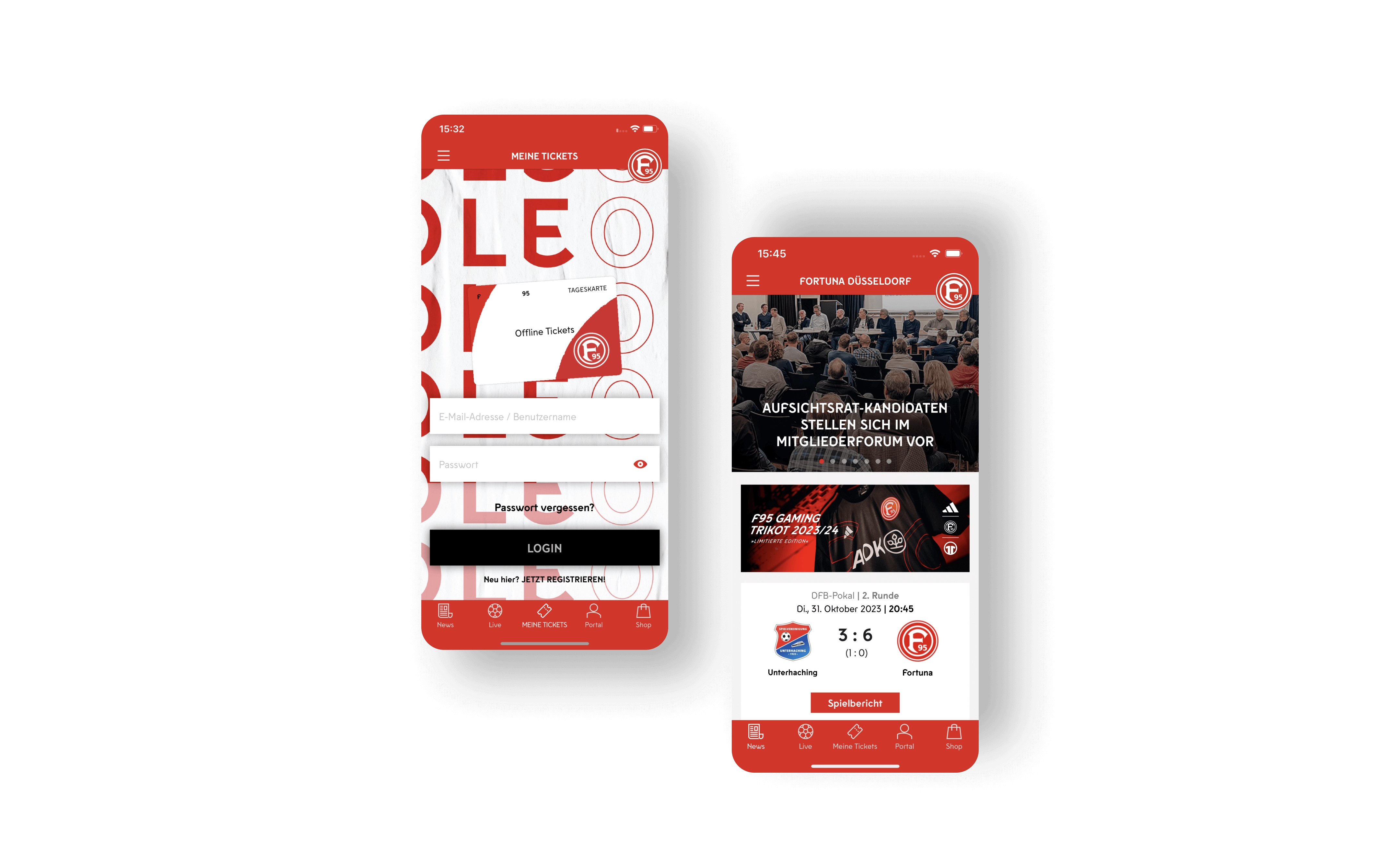 Die ersten beiden Screens der App stellen den Login dar sowie auch die Startseite, auf der die neusten Trikots und Spielberichte dargestellt sind.
