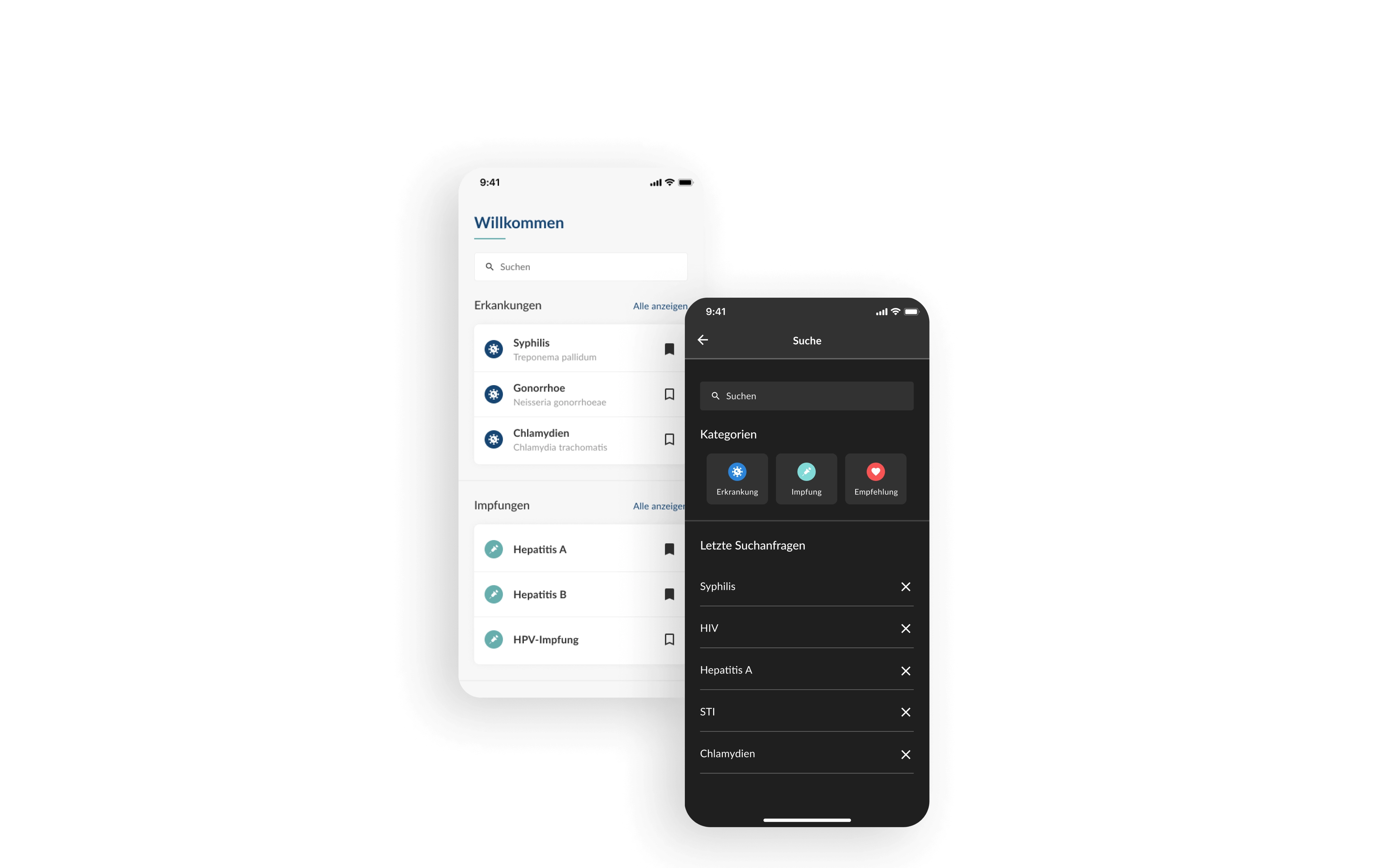 Startseite der medizinischen App mit Suchfeld, Liste von STIs und Optionen für Lesezeichen, um Zugang zu Gesundheitsinformationen zu erleichtern. Dark-Mode der Suchseite in der Gesundheits-App mit Kategorien wie Erkrankung, Impfung und Empfehlung, plus einer Historie der letzten Suchanfragen.