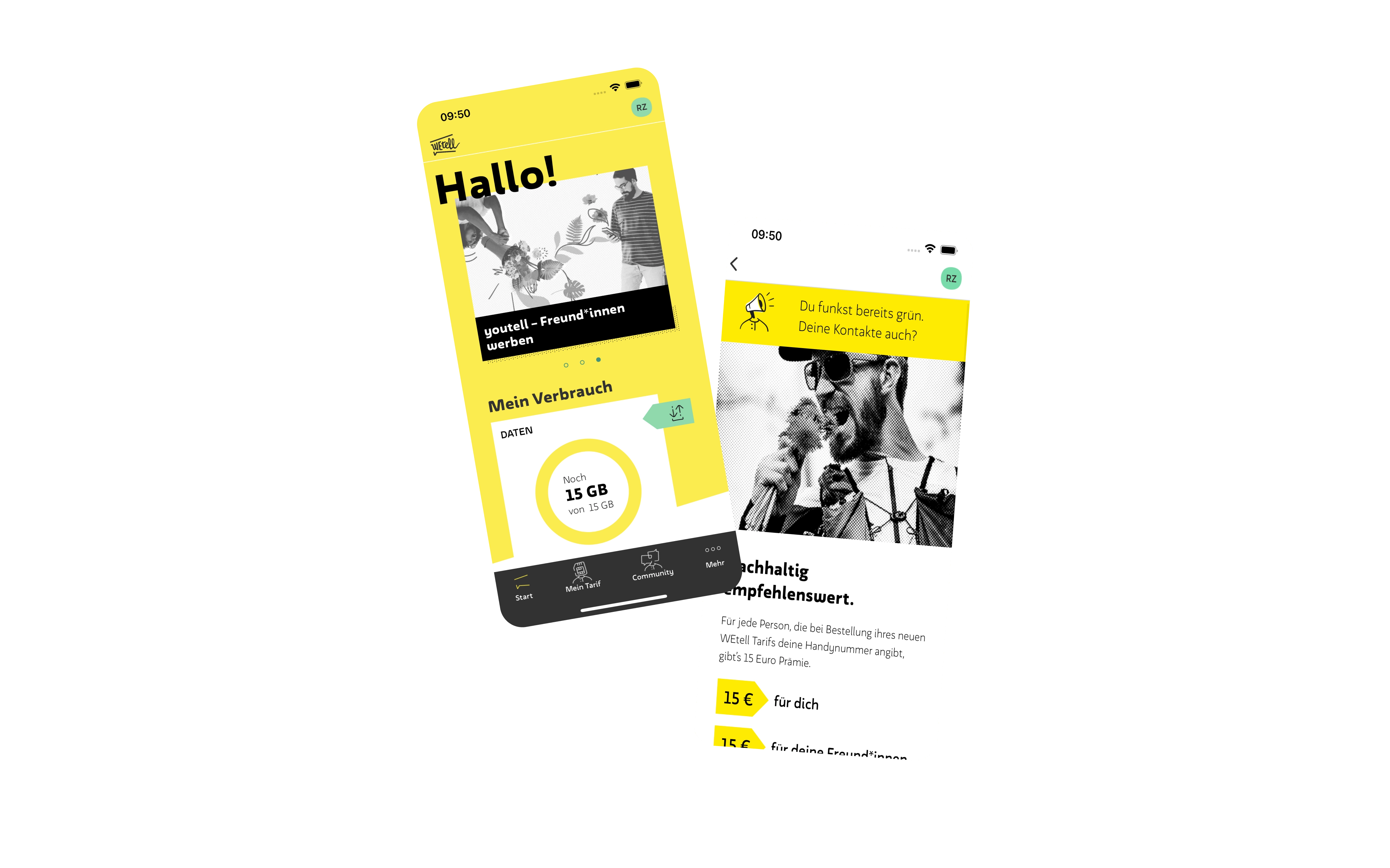 Startseite der WEtell App: Datenverbrauch immer im Blick. Startseite mit übersichtlicher Grafik. Youtell: Empfehlen und profitieren. Nachhaltigen Mobilfunk teilen und Prämien erhalten.