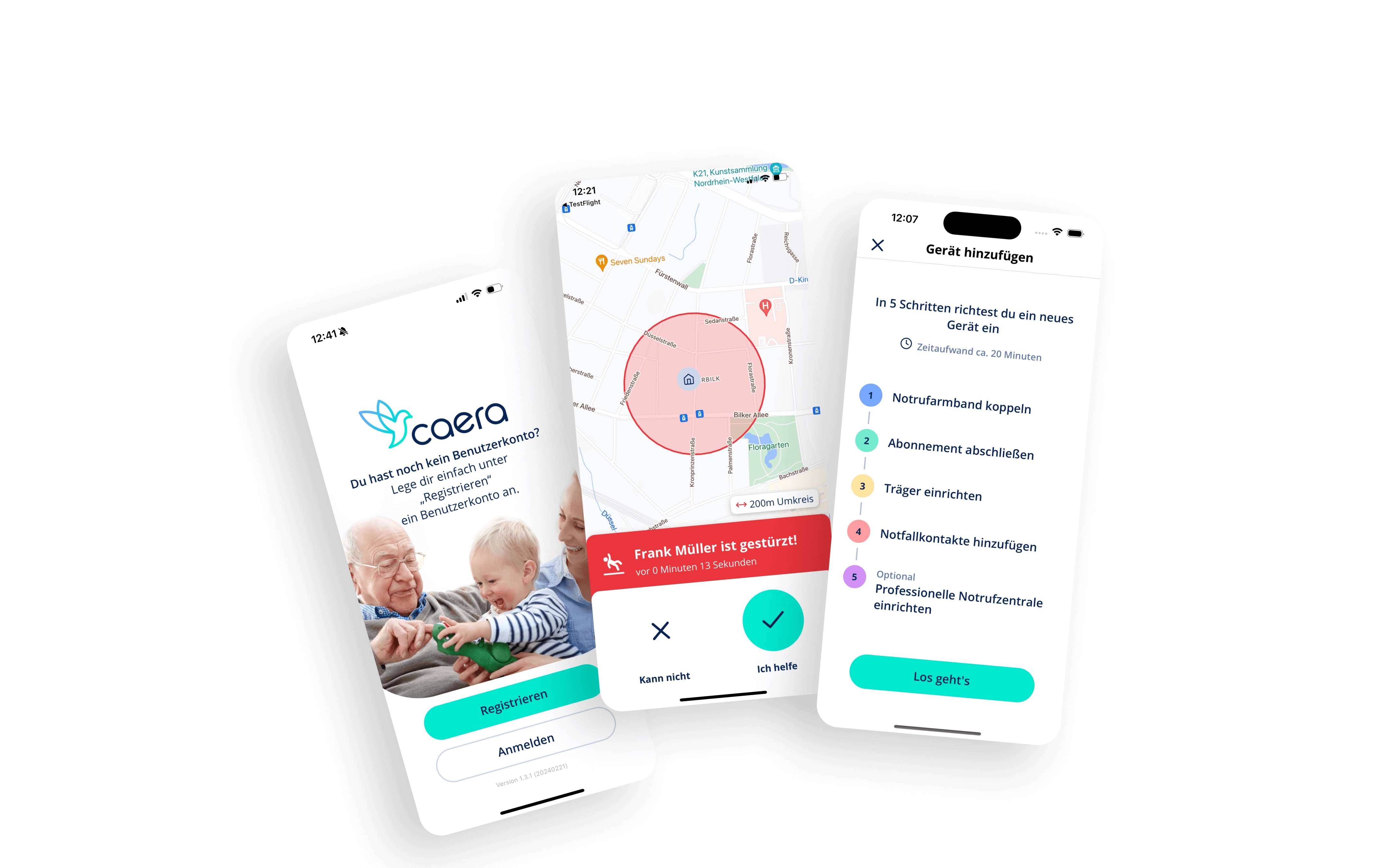 Zwei Screens liegen vor, die die Registrierungsseite der Caera App zeigen und  eine Karte des Standortes, wo ein Benutzer gestürzt ist, mit Optionen für schnelle Reaktion. Ein weiterer Screen demonstriert die Anleitung zum Einrichten eines Sturz Geräts in der Caera App und fünf Schritte zur Aktivierung des Notrufarmbands.