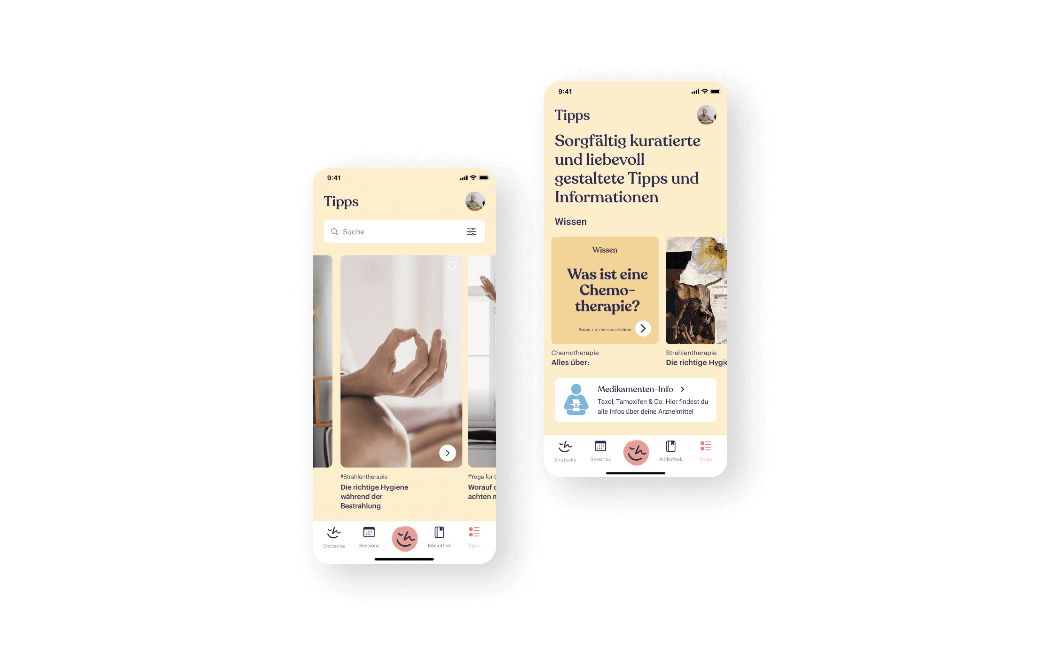 Im Folgenden werden mehrere Benutzeroberflächen der Happie Haus App präsentiert. Zwei Screens stellen Chemotherapie Tipps und Artikel zur Krebsbehandlung dar.