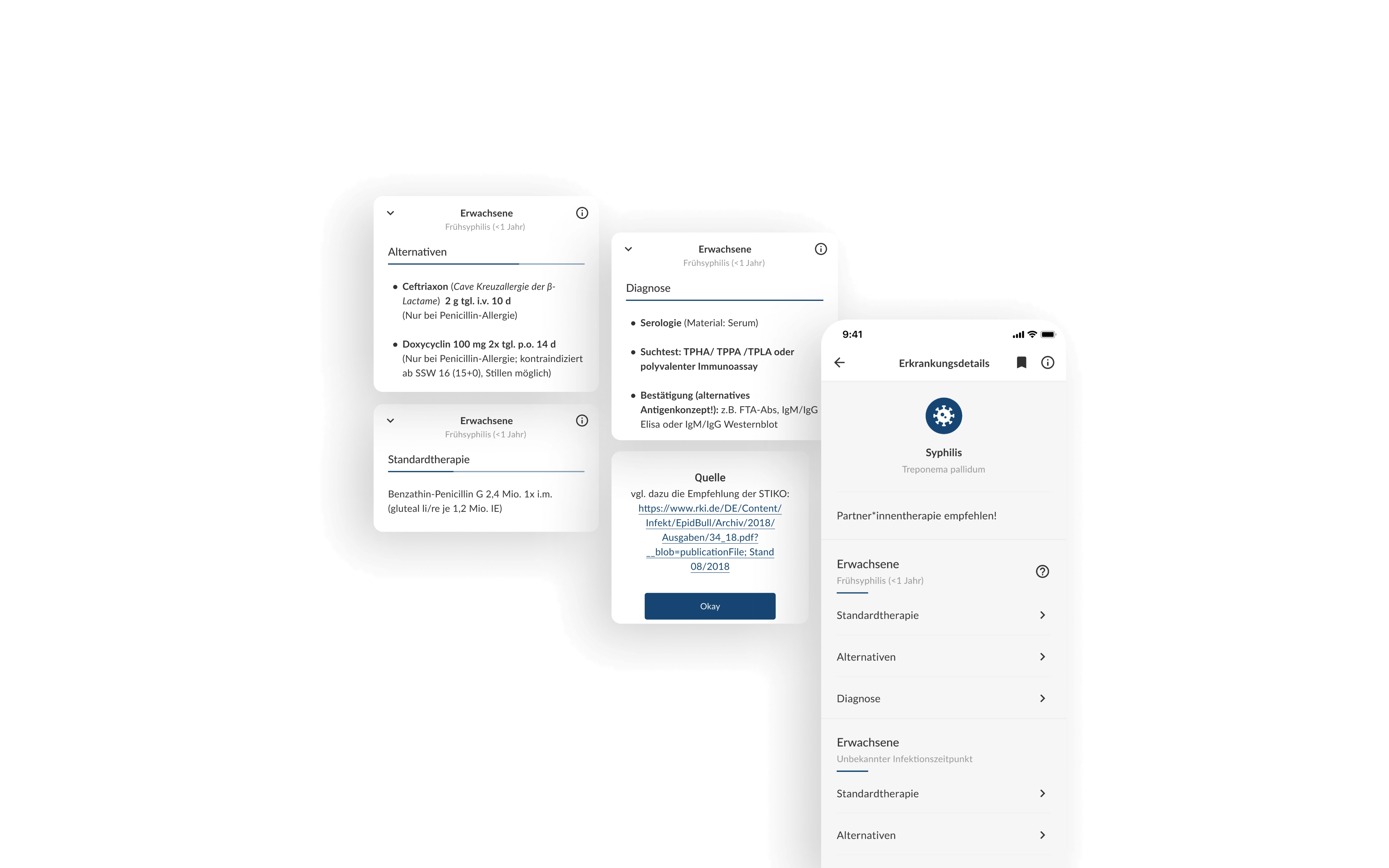 Informationskarte in Gesundheits-App bietet Therapieoptionen, spezifisch für Allergiker, mit direkten Anweisungen zur Medikamentenverabreichung. Übersicht der Standardbehandlung in der Gesundheits-App, mit Angaben zur Dosierung und Applikationsweise für Benutzer.  Detailansicht der Diagnoseoptionen in Gesundheits-App, die verschiedene Testverfahren und -methoden aufzeigt. Quellenangabe mit Verweis auf die STIKO-Empfehlungen, verlinkt in einer Gesundheits-App für evidenzbasierte medizinische Informationen. Erkrankungsdetailseite in einer App, die leicht zugängliche Menüpunkte zu Therapie, Diagnose und Empfehlungen anbietet.