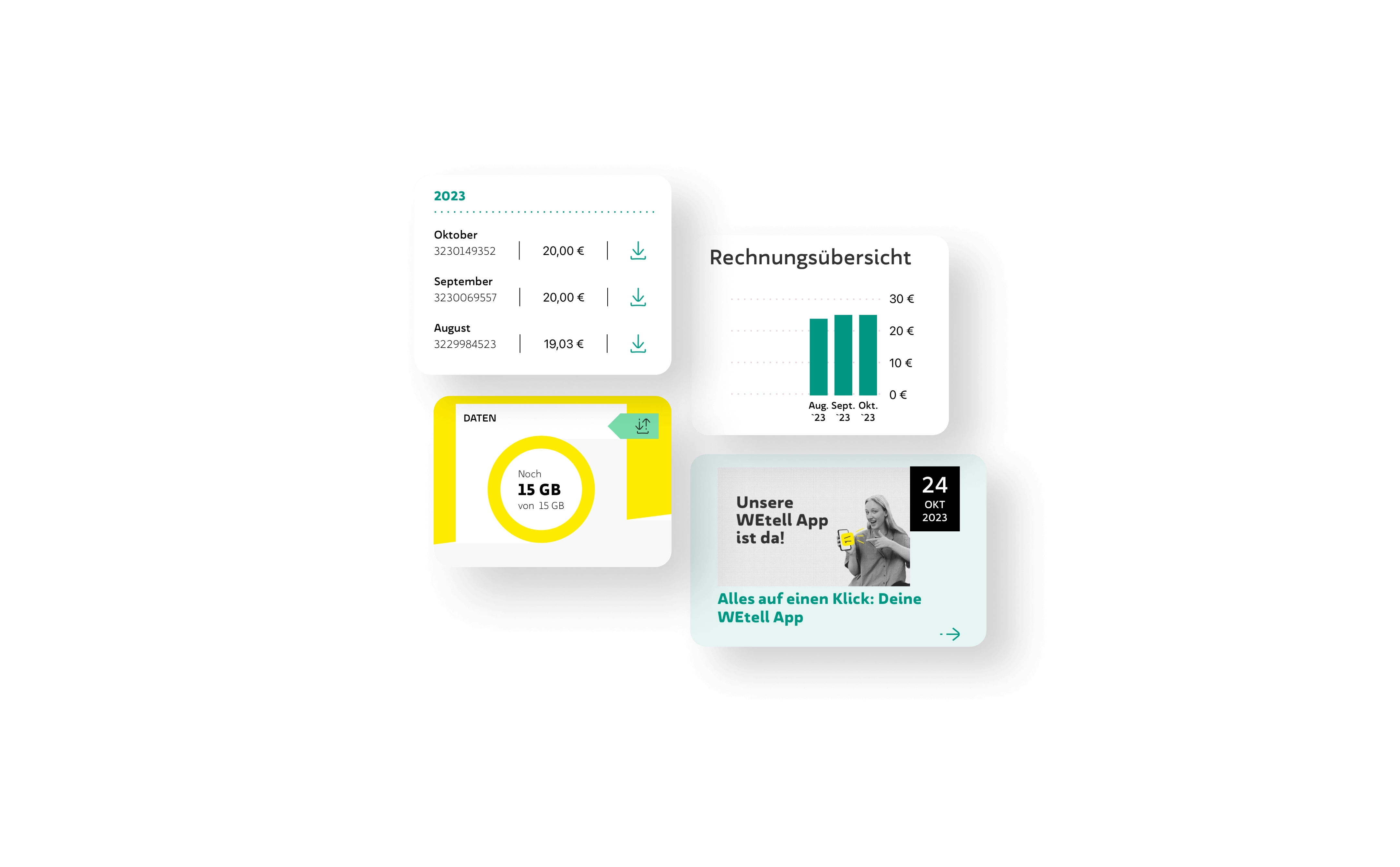 WEtell App: Volle Transparenz über deine Kosten. Immer den Überblick behalten und Rechnungen jederzeit griffbereit. Rechnungsübersicht leicht gemacht. Mit übersichtlichem Balkendiagramm, um alle Kosten transparent zu halten. Kreisdiagramm zeigt verbleibendes Datenvolumen für den aktuellen Monat, visualisiert für eine klare Verbrauchsübersicht. Teaser-Bild für den Blogbeitrag zur Ankündigung der neuen WEtell App, hervorhebend 'Alles auf einen Klick' für einfache Nutzung.