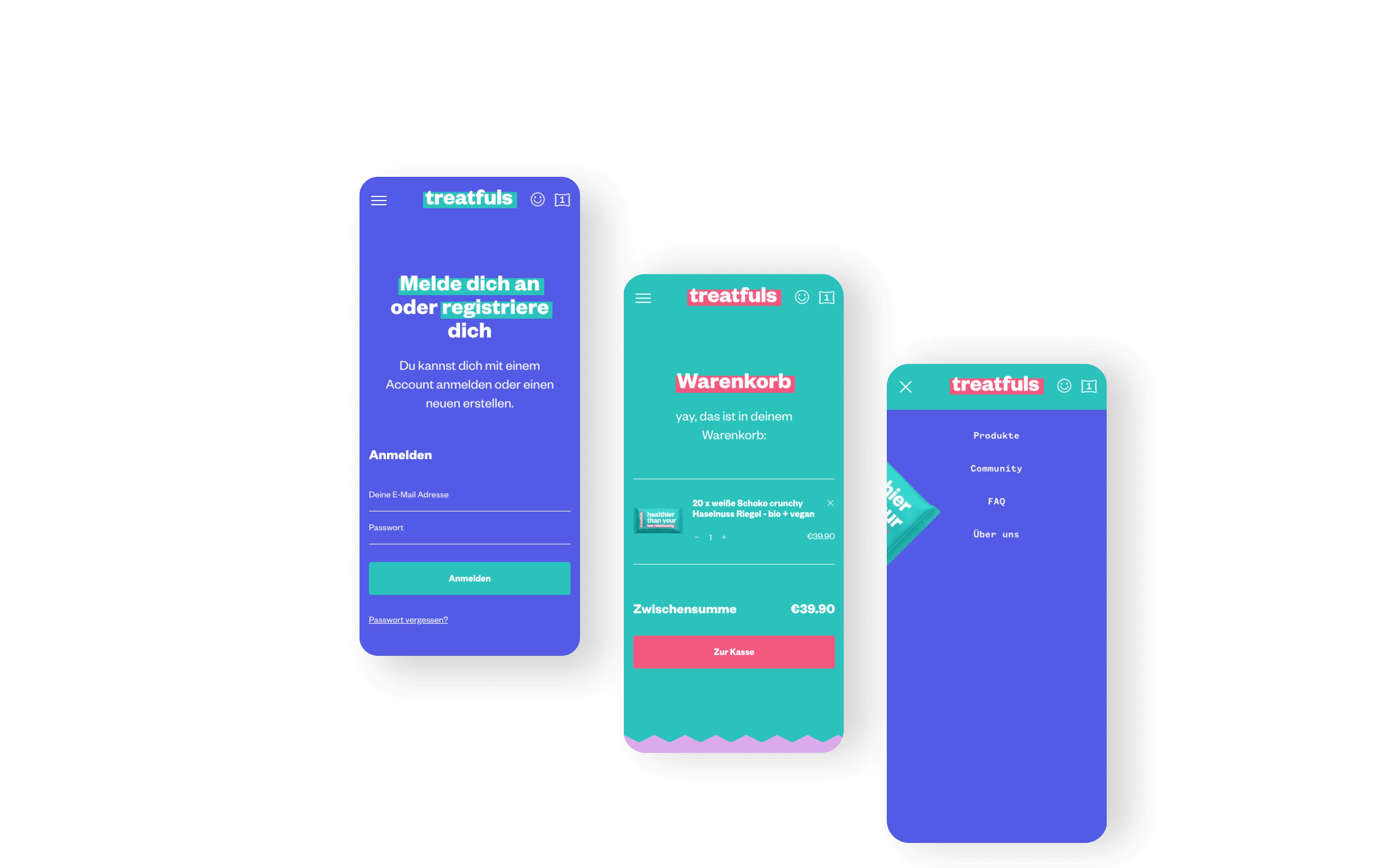 Anmeldebereich auf der Treatfuls-Website mit Optionen zur Registrierung oder Anmeldung für ein persönliches Konto. Warenkorbseite auf der Treatfuls-Website zeigt ausgewählte vegane Schoko-Crunchy-Riegel und den Gesamtpreis mit Kassenbutton. Navigationsmenü auf der Treatfuls-Website bietet Links zu Produktübersichten, Community-Engagement, FAQs und Unternehmensinformationen.
