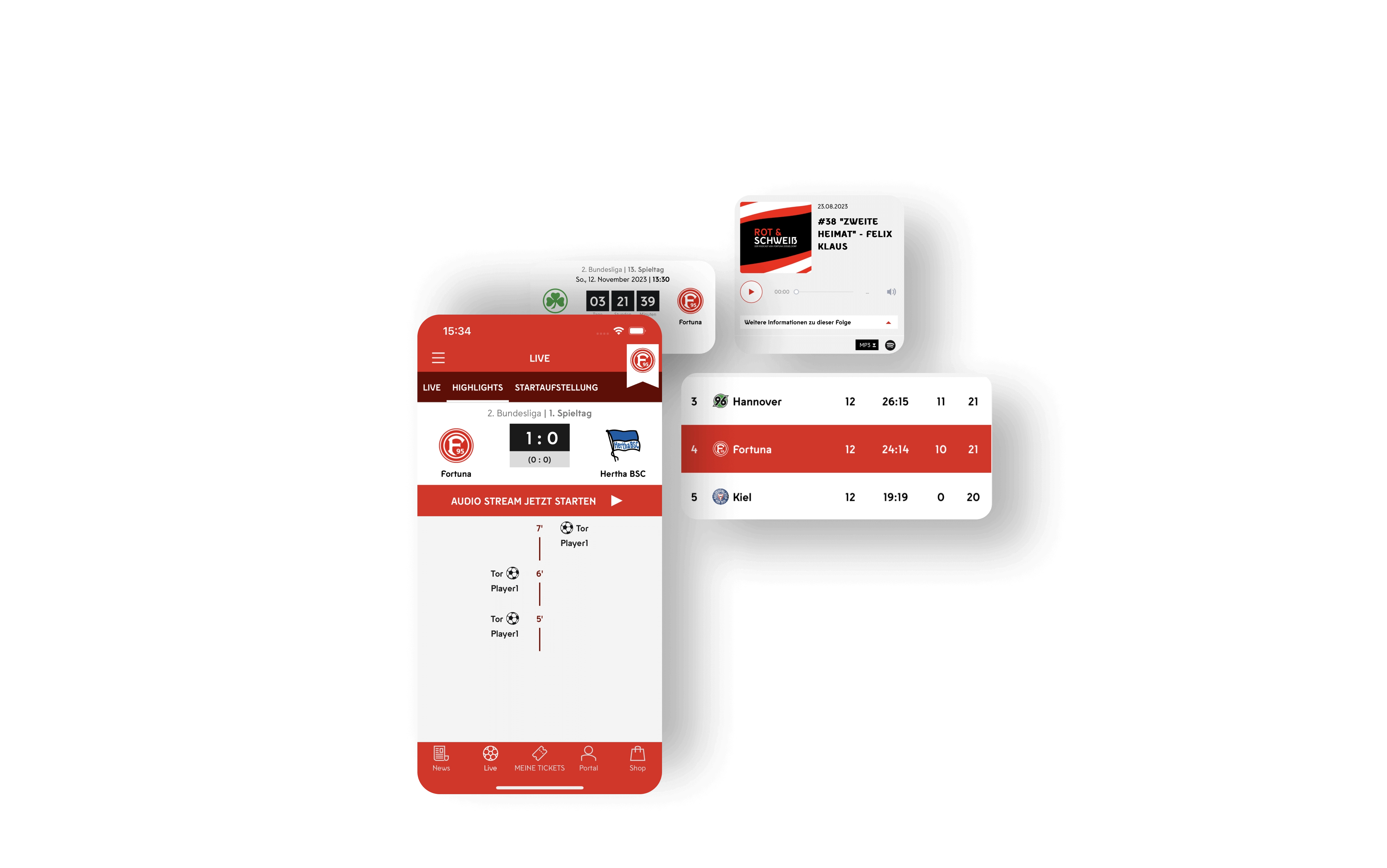 Live-Score-Update, Torbenachrichtigungen und Audio-Stream in der Fortuna App während eines Fußballspiels. Live-Spielstandsanzeige der Fortuna App mit Countdown-Timer, zeigt die verbleibende Zeit bis zum Spielbeginn. Podcast-Wiedergabefenster der Fortuna App mit einer Diskussion über den Fußballspieler Felix Klaus. Aktuelle Tabelle und Rangliste der 2. Bundesliga in der Fortuna App, mit Punkten und Spieltagsdaten.