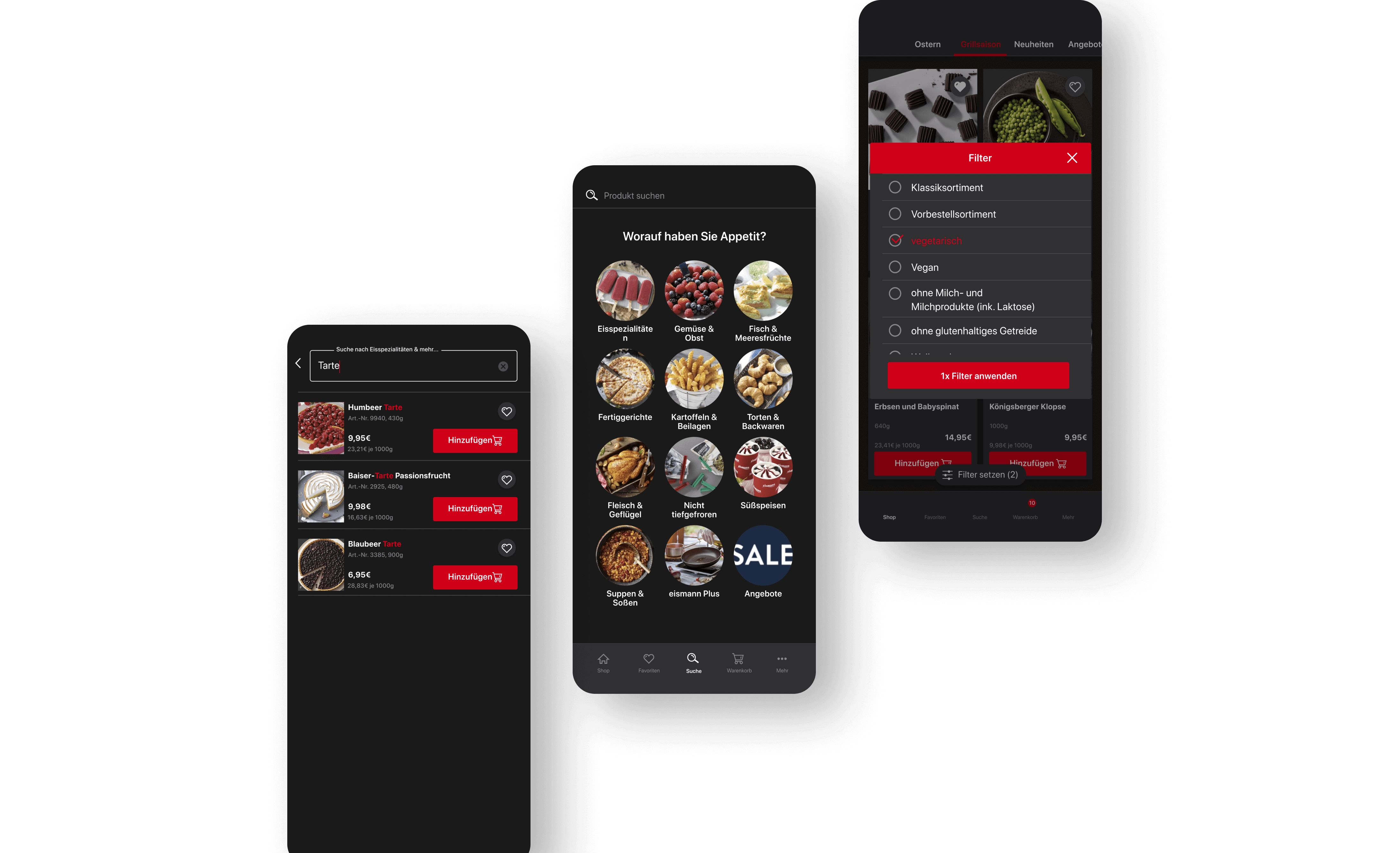 Suchergebnis für Tarte zeigt Auswahlmöglichkeiten wie Himbeer, Baiser-Passionsfrucht und Blaubeer, mit direktem 'Hinzufügen'-Button für schnelle Bestellung. Übersichtliches Kategoriensystem zur vereinfachten Suche nach Essensspezialitäten, von Eis bis zu Angeboten. Detailansicht der Filteroptionen, die es Nutzern ermöglicht, vegetarische Produkte aus dem Sortiment gezielt zu filtern.