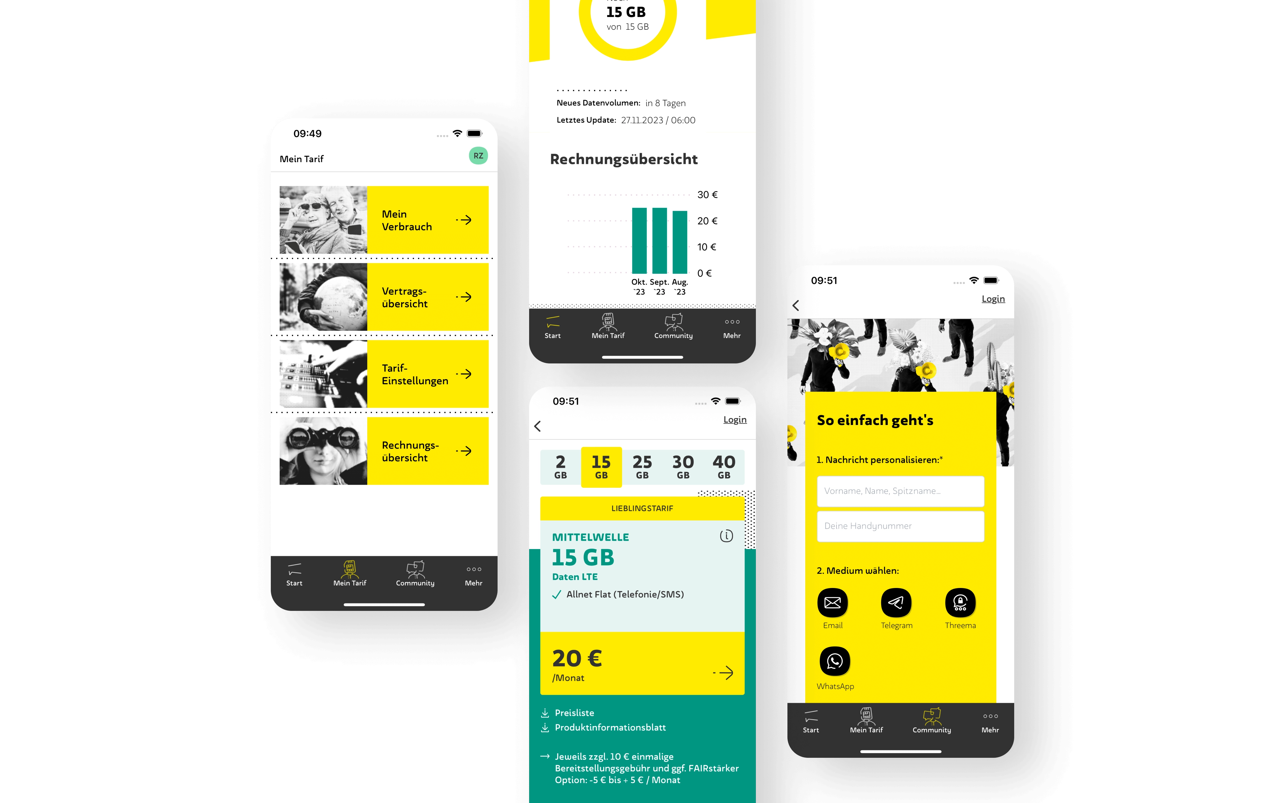 Ein weiterer Screen im nächsten Abschnitt zeigt  die 'Mein Tarif'-Seite in der WEtell App mit Optionen für Verbrauch, Vertragsdetails, Tarifeinstellungen und Rechnungen für bequemes Management. Drei weitere Screendesigns zeigen die aktuelle Rechnungsübersicht, die Auswahl der Mobilfunk-Tarife und die Hilfe und Support der App, den du zu jeder Zeit erhälst.