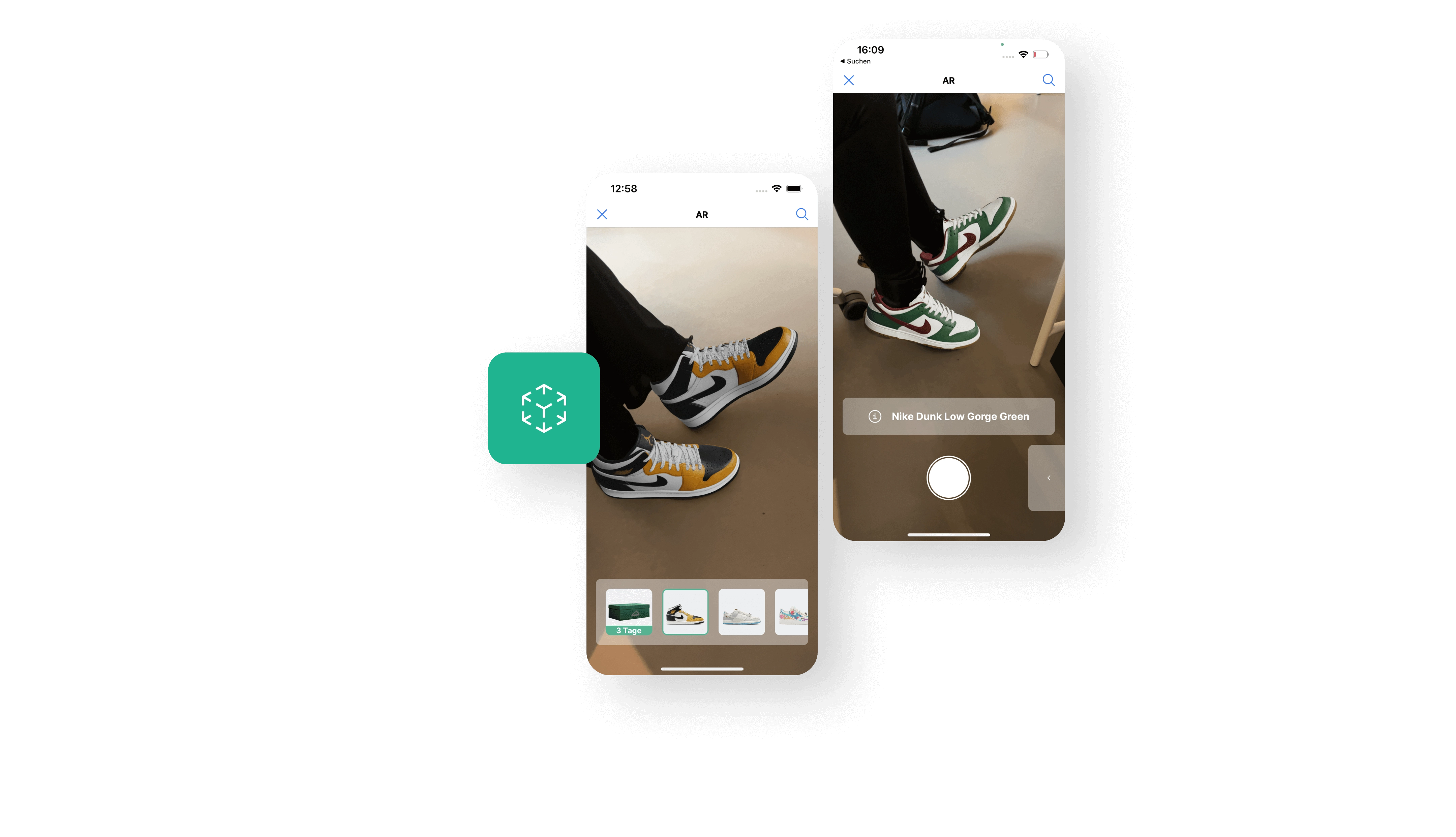 Virtuell anprobieren & perfekt finden! Mit unserer revolutionären AR-Funktion können Kunden die Sneaker virtuell anprobieren und so die perfekte Passform finden. Die AR-Ansicht der App zeigt ein Paar Nike Dunk Low Gorge Green an den Füßen eines Nutzers, demonstriert die virtuelle Anprobe-Technologie für ein realitätsnahes Shopping-Erlebnis.