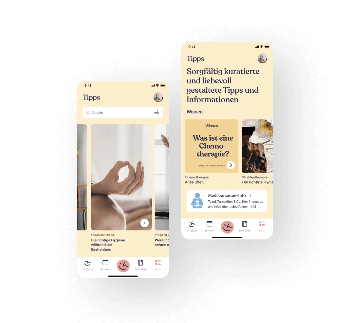 Im Folgenden werden mehrere Benutzeroberflächen der Happie Haus App präsentiert. Zwei Screens stellen Chemotherapie Tipps und Artikel zur Krebsbehandlung dar.