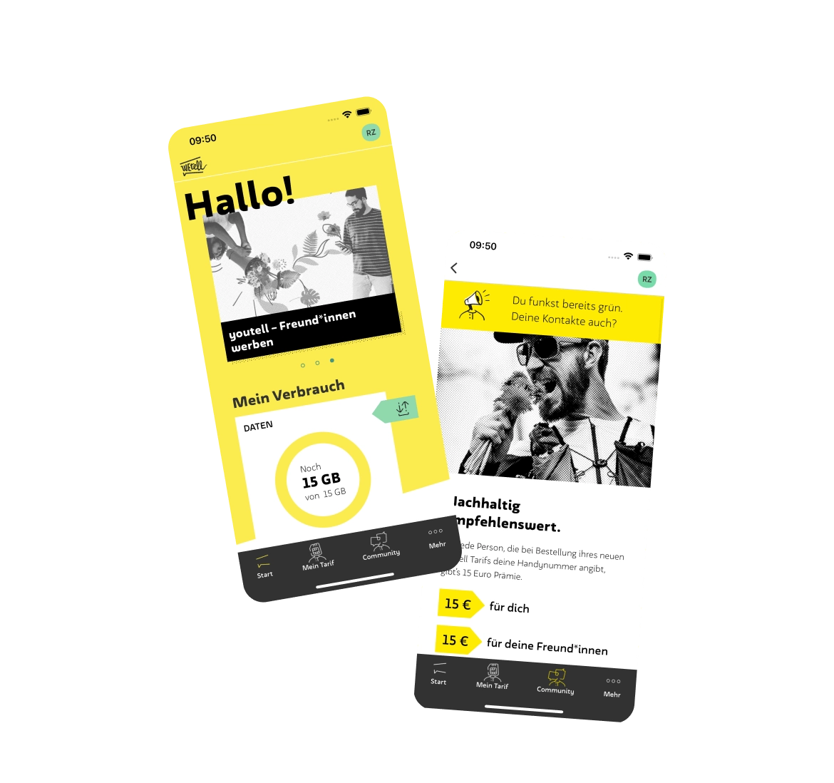 Startseite der WEtell App: Datenverbrauch immer im Blick. Startseite mit übersichtlicher Grafik. Youtell: Empfehlen und profitieren. Nachhaltigen Mobilfunk teilen und Prämien erhalten.