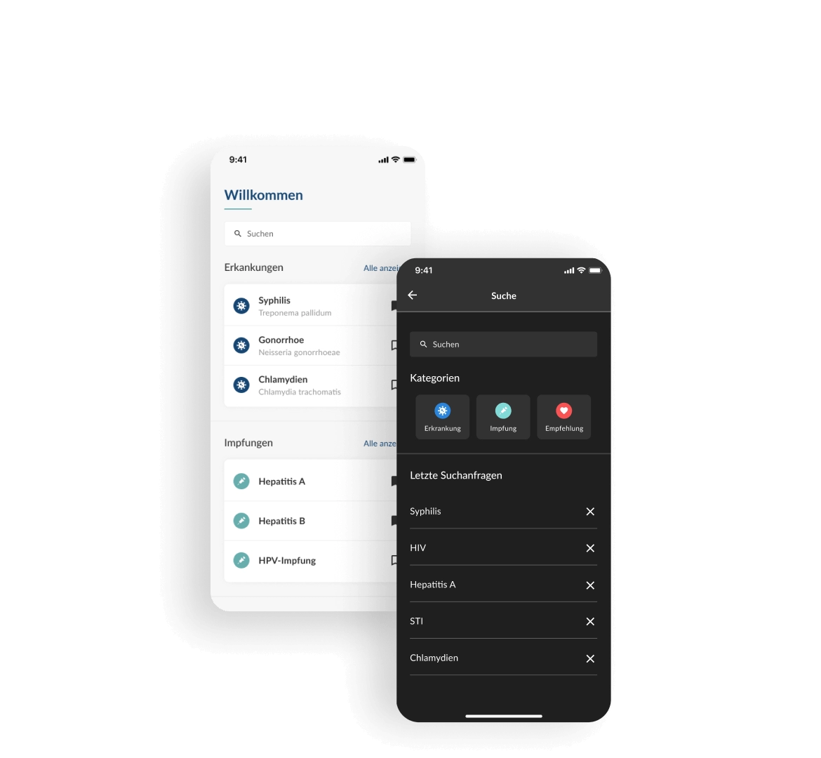 Startseite der medizinischen App mit Suchfeld, Liste von STIs und Optionen für Lesezeichen, um Zugang zu Gesundheitsinformationen zu erleichtern. Dark-Mode der Suchseite in der Gesundheits-App mit Kategorien wie Erkrankung, Impfung und Empfehlung, plus einer Historie der letzten Suchanfragen.