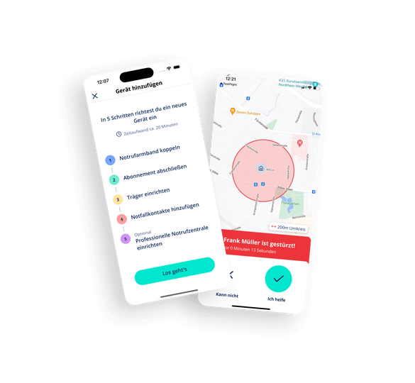 Zwei Screens liegen vor, die die Registrierungsseite der Caera App zeigen und eine Karte des Standortes, wo ein Benutzer gestürzt ist, mit Optionen für schnelle Reaktion. Ein weiterer Screen demonstriert die Anleitung zum Einrichten eines Sturz Geräts in der Caera App und fünf Schritte zur Aktivierung des Notrufarmbands.