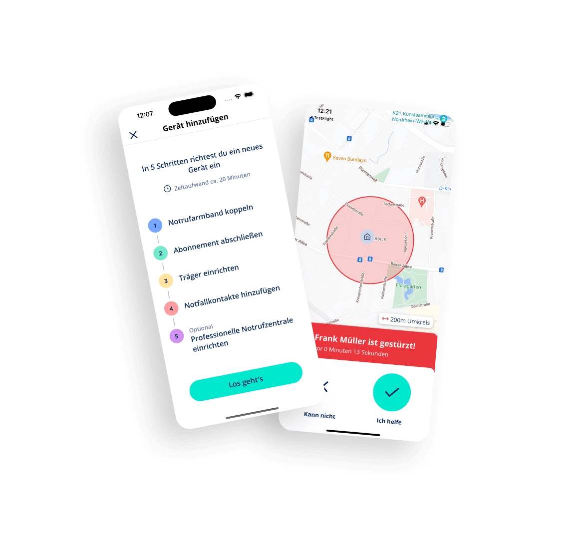 Zwei Screens liegen vor, die die Registrierungsseite der Caera App zeigen und eine Karte des Standortes, wo ein Benutzer gestürzt ist, mit Optionen für schnelle Reaktion. Ein weiterer Screen demonstriert die Anleitung zum Einrichten eines Sturz Geräts in der Caera App und fünf Schritte zur Aktivierung des Notrufarmbands.