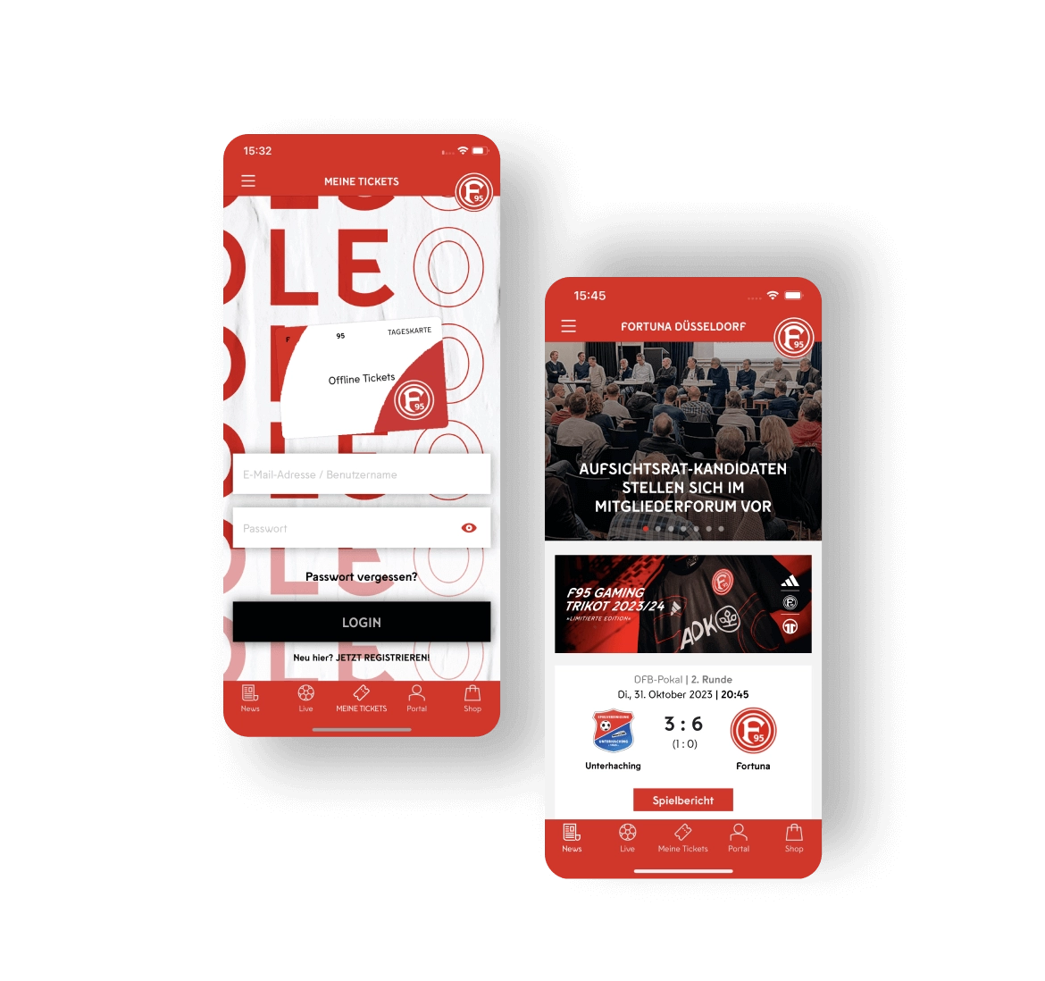 Die ersten beiden Screens der App stellen den Login dar sowie auch die Startseite, auf der die neusten Trikots und Spielberichte dargestellt sind.