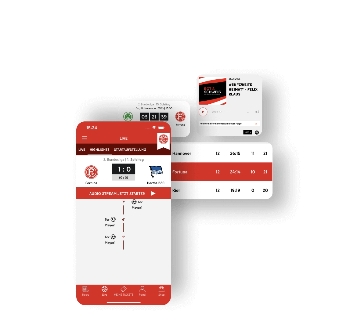 Live-Score-Update, Torbenachrichtigungen und Audio-Stream in der Fortuna App während eines Fußballspiels. Live-Spielstandsanzeige der Fortuna App mit Countdown-Timer, zeigt die verbleibende Zeit bis zum Spielbeginn. Podcast-Wiedergabefenster der Fortuna App mit einer Diskussion über den Fußballspieler Felix Klaus. Aktuelle Tabelle und Rangliste der 2. Bundesliga in der Fortuna App, mit Punkten und Spieltagsdaten.