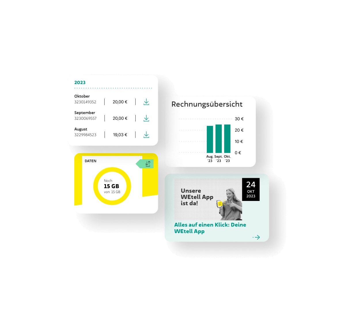 WEtell App: Volle Transparenz über deine Kosten. Immer den Überblick behalten und Rechnungen jederzeit griffbereit. Rechnungsübersicht leicht gemacht. Mit übersichtlichem Balkendiagramm, um alle Kosten transparent zu halten. Kreisdiagramm zeigt verbleibendes Datenvolumen für den aktuellen Monat, visualisiert für eine klare Verbrauchsübersicht. Teaser-Bild für den Blogbeitrag zur Ankündigung der neuen WEtell App, hervorhebend 'Alles auf einen Klick' für einfache Nutzung.