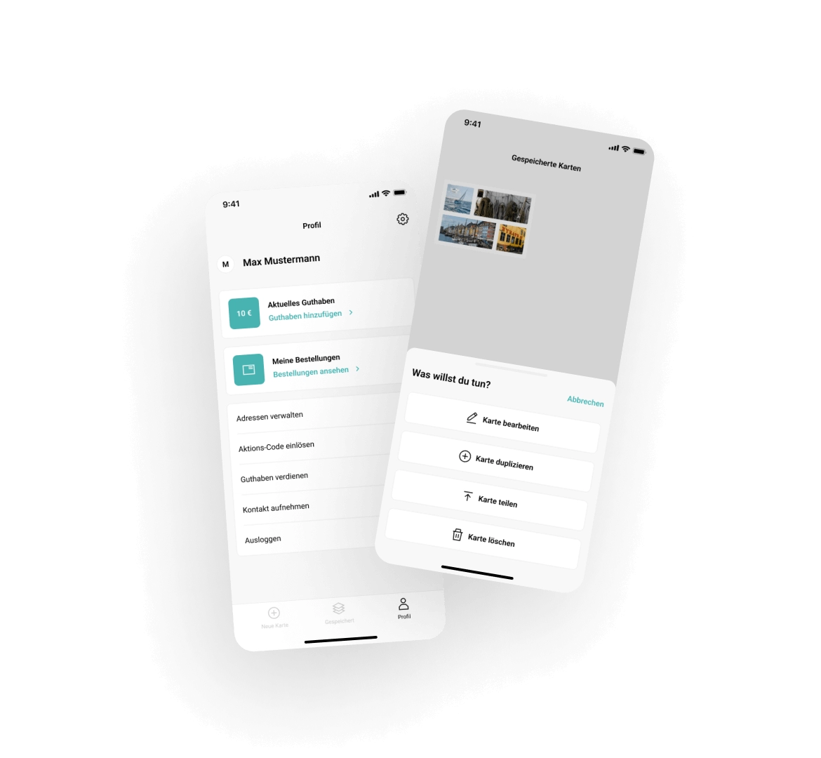 Zwei weitere Screens zeigen das Benutzerprofil, die Einstellungen und gespeicherte Postkarten mit Optionen zum Bearbeiten, Duplizieren und Teilen.
