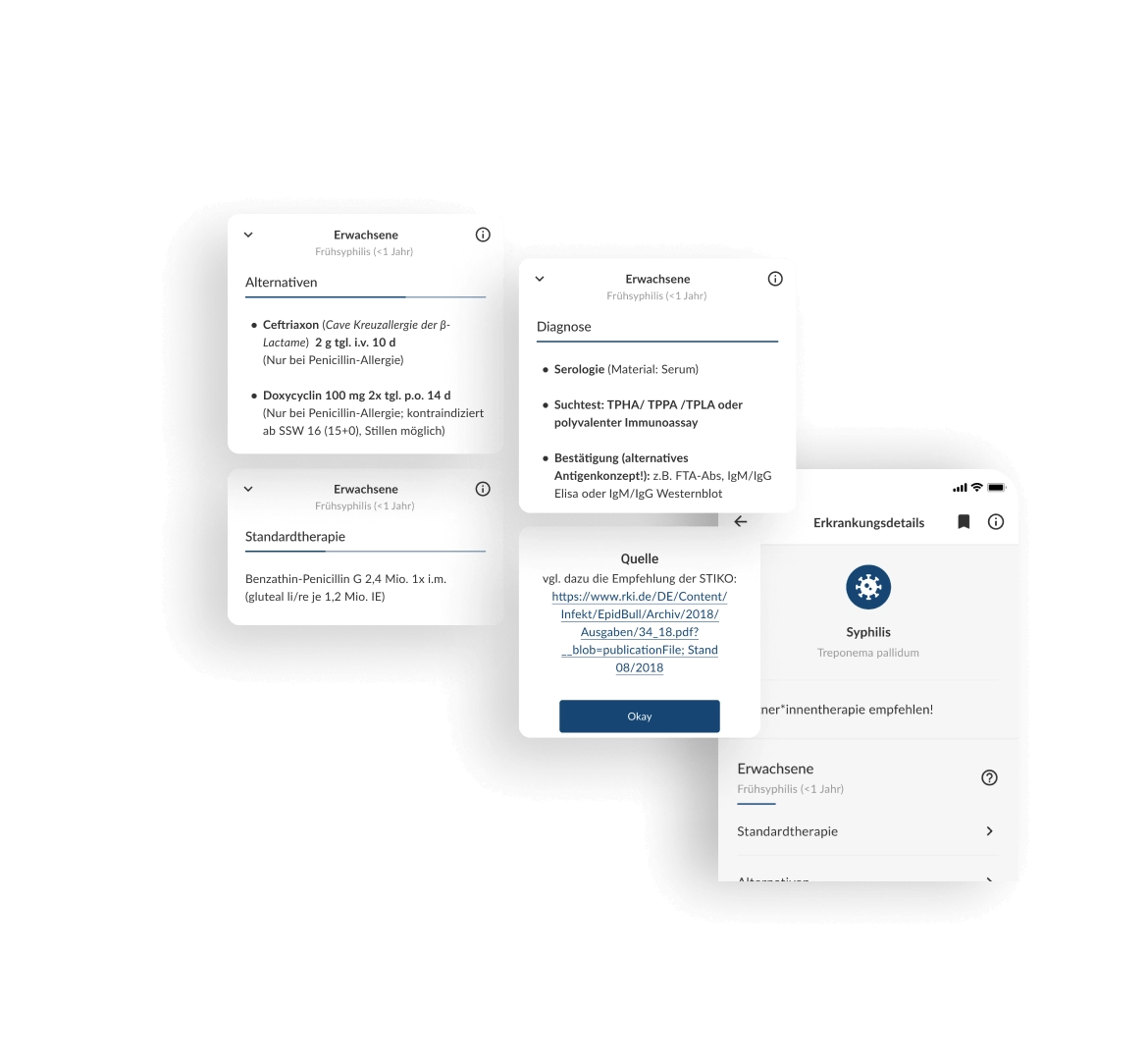 Informationskarte in Gesundheits-App bietet Therapieoptionen, spezifisch für Allergiker, mit direkten Anweisungen zur Medikamentenverabreichung. Übersicht der Standardbehandlung in der Gesundheits-App, mit Angaben zur Dosierung und Applikationsweise für Benutzer.  Detailansicht der Diagnoseoptionen in Gesundheits-App, die verschiedene Testverfahren und -methoden aufzeigt. Quellenangabe mit Verweis auf die STIKO-Empfehlungen, verlinkt in einer Gesundheits-App für evidenzbasierte medizinische Informationen. Erkrankungsdetailseite in einer App, die leicht zugängliche Menüpunkte zu Therapie, Diagnose und Empfehlungen anbietet.