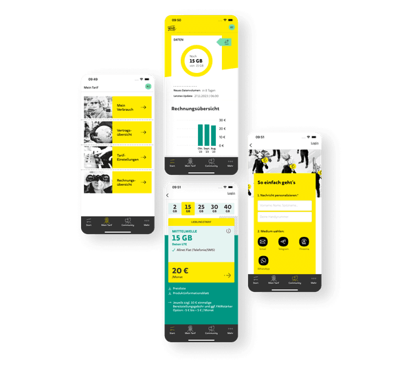 Ein weiterer Screen im nächsten Abschnitt zeigt die 'Mein Tarif'-Seite in der WEtell App mit Optionen für Verbrauch, Vertragsdetails, Tarifeinstellungen und Rechnungen für bequemes Management. Drei weitere Screendesigns zeigen die aktuelle Rechnungsübersicht, die Auswahl der Mobilfunk-Tarife und die Hilfe und Support der App, den du zu jeder Zeit erhälst.