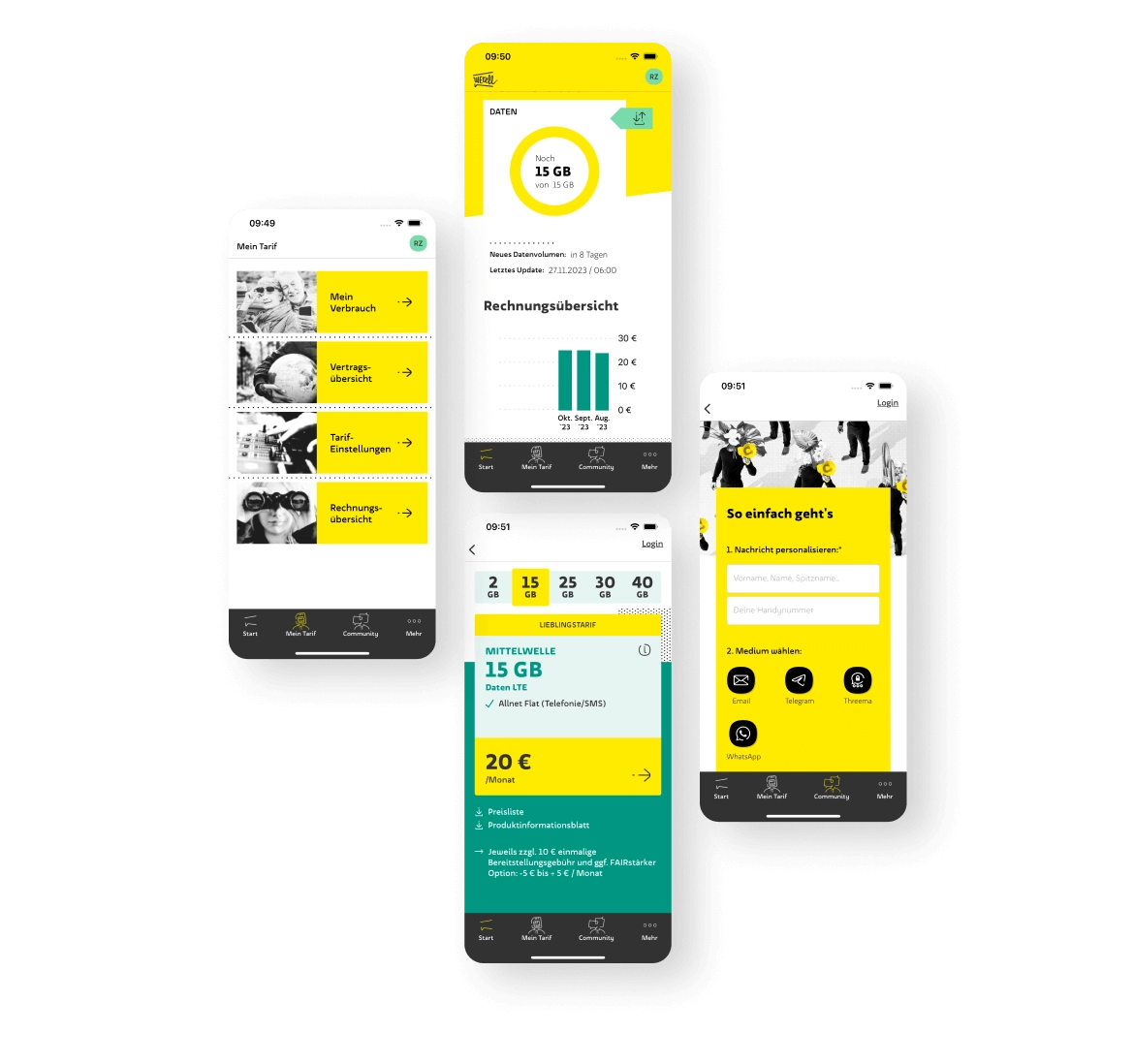 Ein weiterer Screen im nächsten Abschnitt zeigt die 'Mein Tarif'-Seite in der WEtell App mit Optionen für Verbrauch, Vertragsdetails, Tarifeinstellungen und Rechnungen für bequemes Management. Drei weitere Screendesigns zeigen die aktuelle Rechnungsübersicht, die Auswahl der Mobilfunk-Tarife und die Hilfe und Support der App, den du zu jeder Zeit erhälst.
