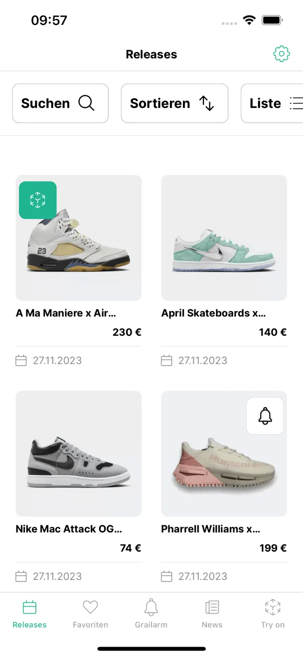 Abbildung der Grailify-App, mit der die Nutzer neue Sneaker-Versionen entdecken können. Enthält auch Funktionen wie Favoriten, Alarm und News.