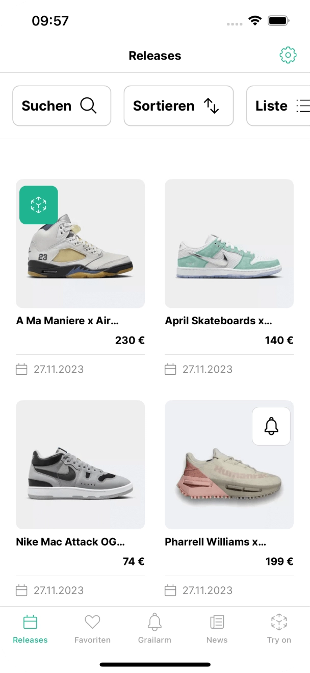 Entdecke die neuesten Sneaker-Releases im Grailify-Shop. Behalte deine Favoriten im Auge, erhalte Benachrichtigungen für Restocks und nutze AR Try-on, um Sneaker virtuell anzuprobieren.