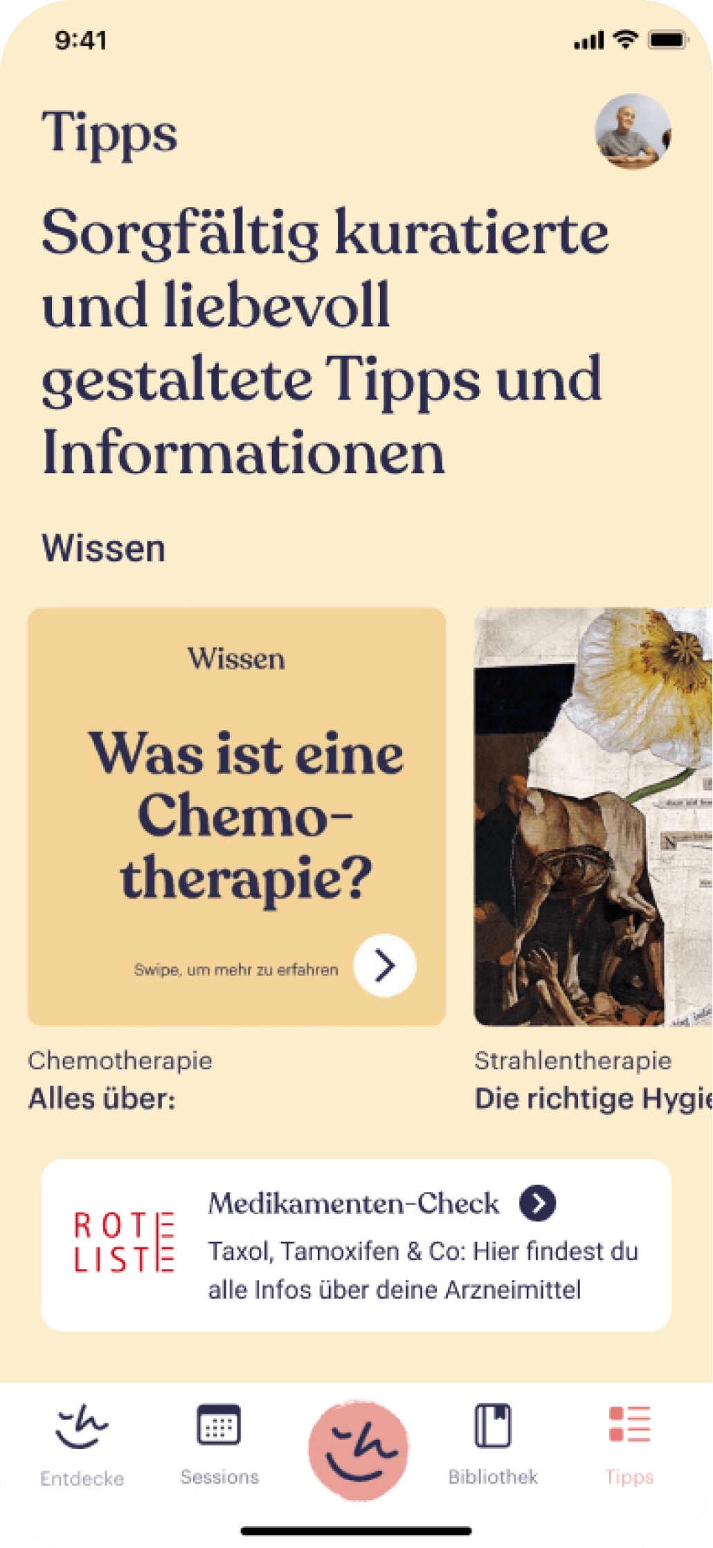 Informationssektion der Happie Haus App, bietet Wissensartikel und nützliche Tipps zur Brustkrebsvorsorge und -behandlung