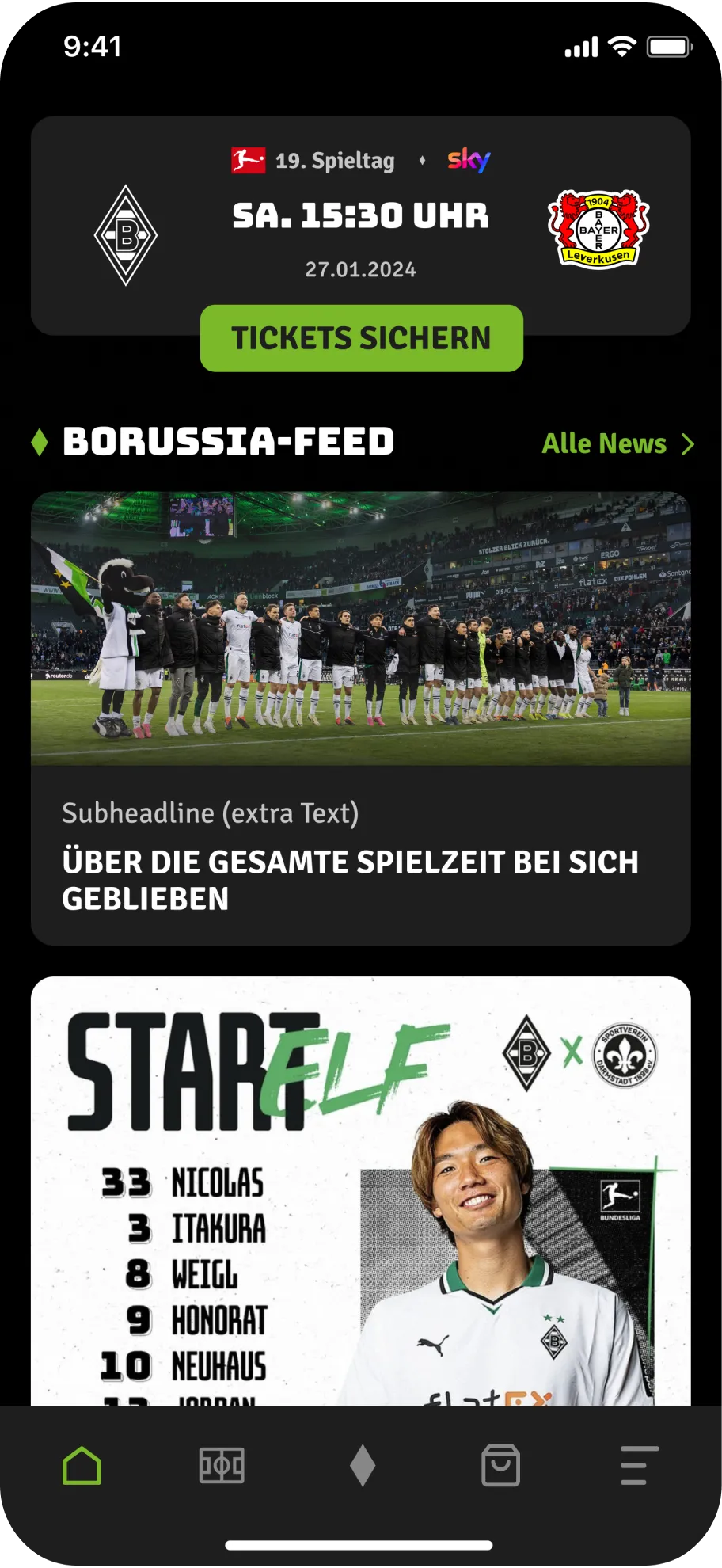 Abbildung der Startseite der FohlenApp des Fußballvereins Borussia Mönchengladbach mit Funktionen wie aktuelle News, Live-Ticker, digitale Tickets und detaillierte Spielstatistiken.