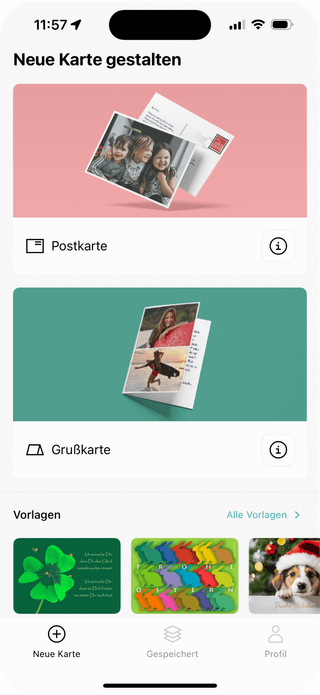 Zur Veranschaulichung liegt hier ein Screen der Pokamax App vor, um darzustellen, dass es sich hier um benutzerfreundliche, personalisierte Kartengestaltung -und Versendung mit Vorlagen handelt.