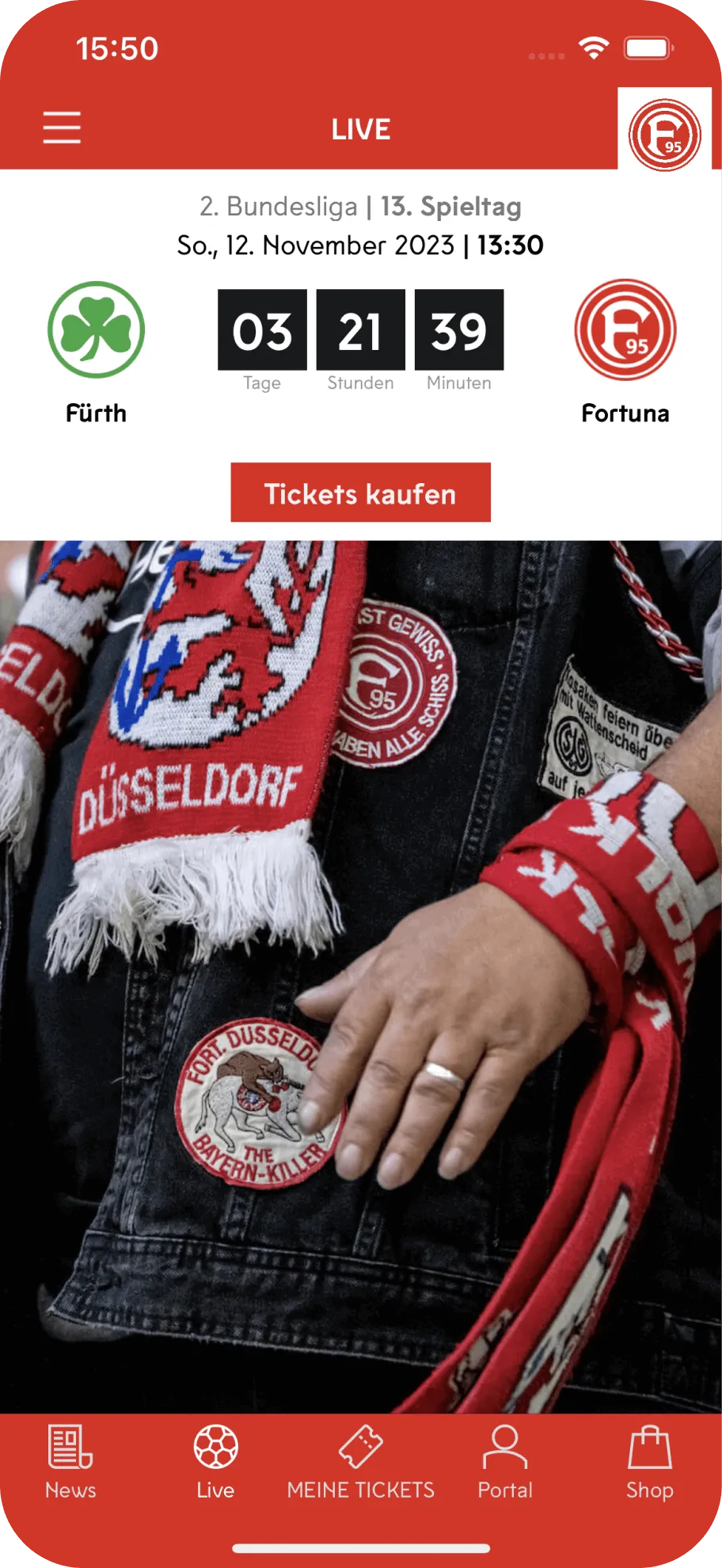 Um die Fortuna Düsseldorf App kurz vorzustellen, wird ein Screen mit Design-Elementen wie Live-Ticker, Ticketkauf-Option und Fan-Inhalten bereitgestellt.