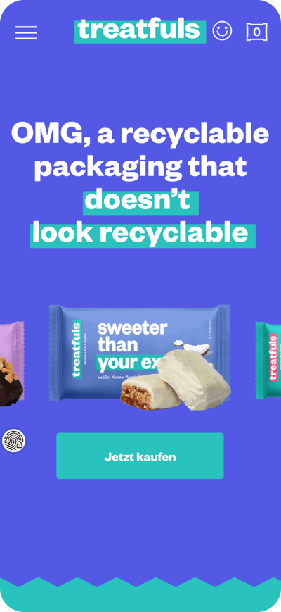 Zur Veranschaulichung der treatfuls Website ist ein Screendesign dargestellt, das mit hervorgehobener nachhaltiger Verpackung zum Kauf von veganen Snacks einlädt.