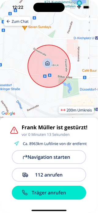 Es liegt ein Screendesign der Caera App vor, die eine Sturzbenachrichtigung mit Optionen zur Navigation, Alarmierung der Rettungsdienste und Kontaktaufnahme visualisiert.