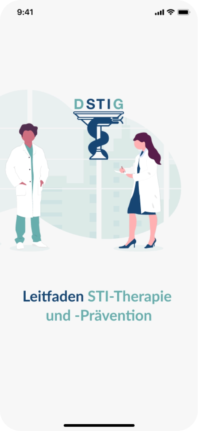 DSTIG App Startscreen bietet einen Leitfaden für STI-Therapie und Prävention, unterstützt medizinisches Fachpersonal mit klar strukturierten Informationen.