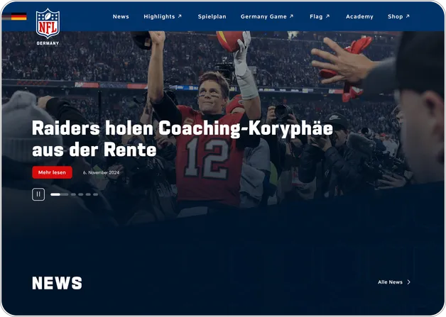 Startseite der NFL-Germany-Plattform mit prominentem News-Artikel und weiteren aktuellen Beiträgen