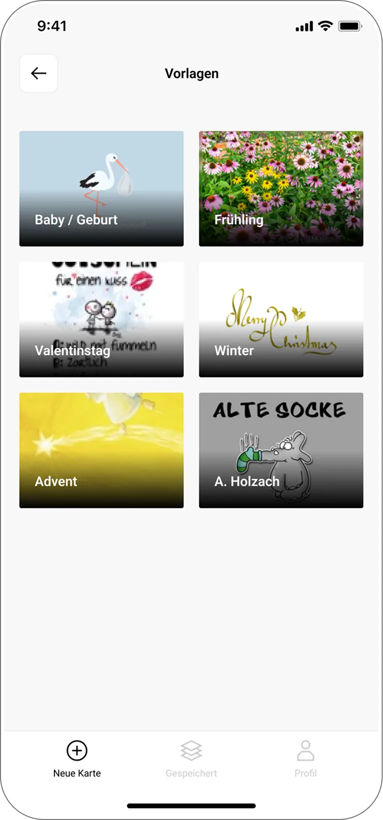 Übersicht verschiedener Postkarten-Vorlagen, aus denen Nutzer:innen je nach Anlass ein passendes Design auswählen können.