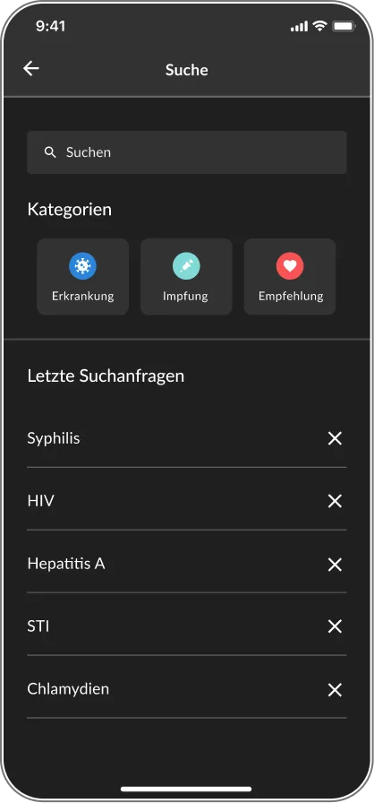 Suchansicht der DSTIG-App mit Kategorien und zuletzt gesuchten Begriffen.