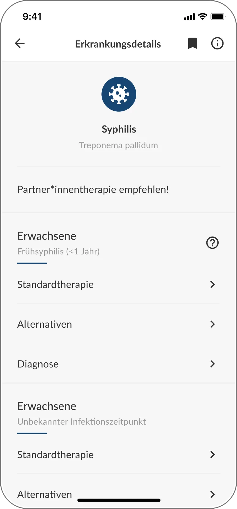 Detailansicht einer Erkrankung mit Informationen zu Diagnose sowie Standard- und Alternativtherapien.