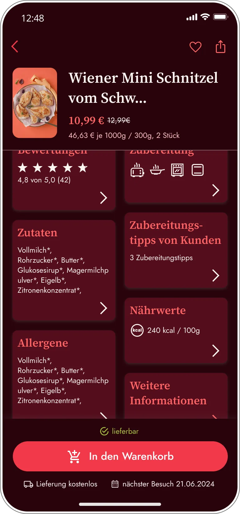 Produktdetailansicht der Eismann App mit Preis, Bewertung, Zubereitungsarten, Zutaten, Allergenen, Nährwerten und direktem Warenkorb-Button.