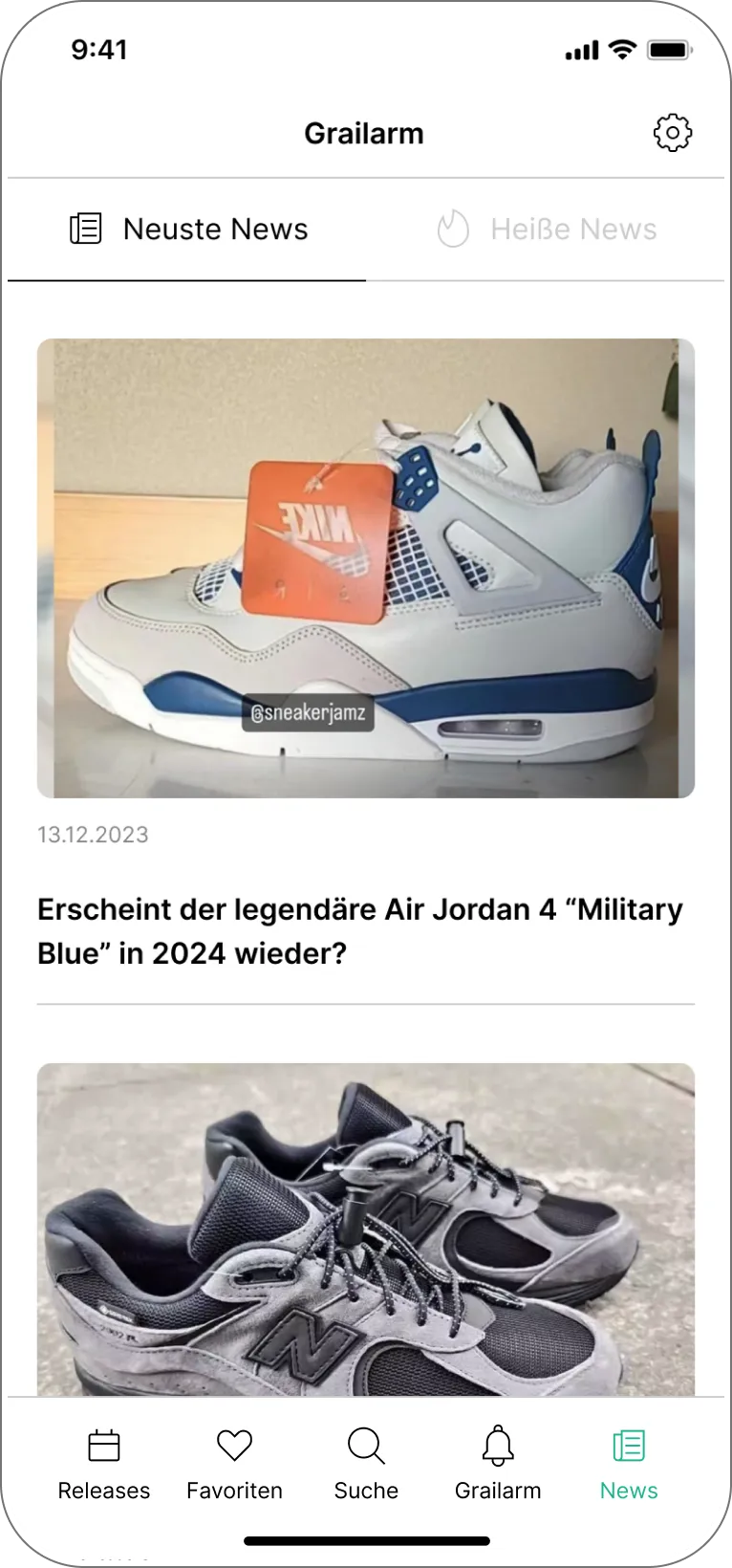 Grail-Alarm-Seite der Grailify-App mit aktuellen Sneaker-News und Hinweisen auf kommende Releases.