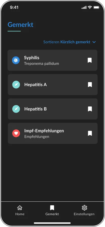 Gefüllte Merkliste der DSTIG-App im Dark Mode mit gespeicherten Erkrankungen, Impfungen und Empfehlungen.