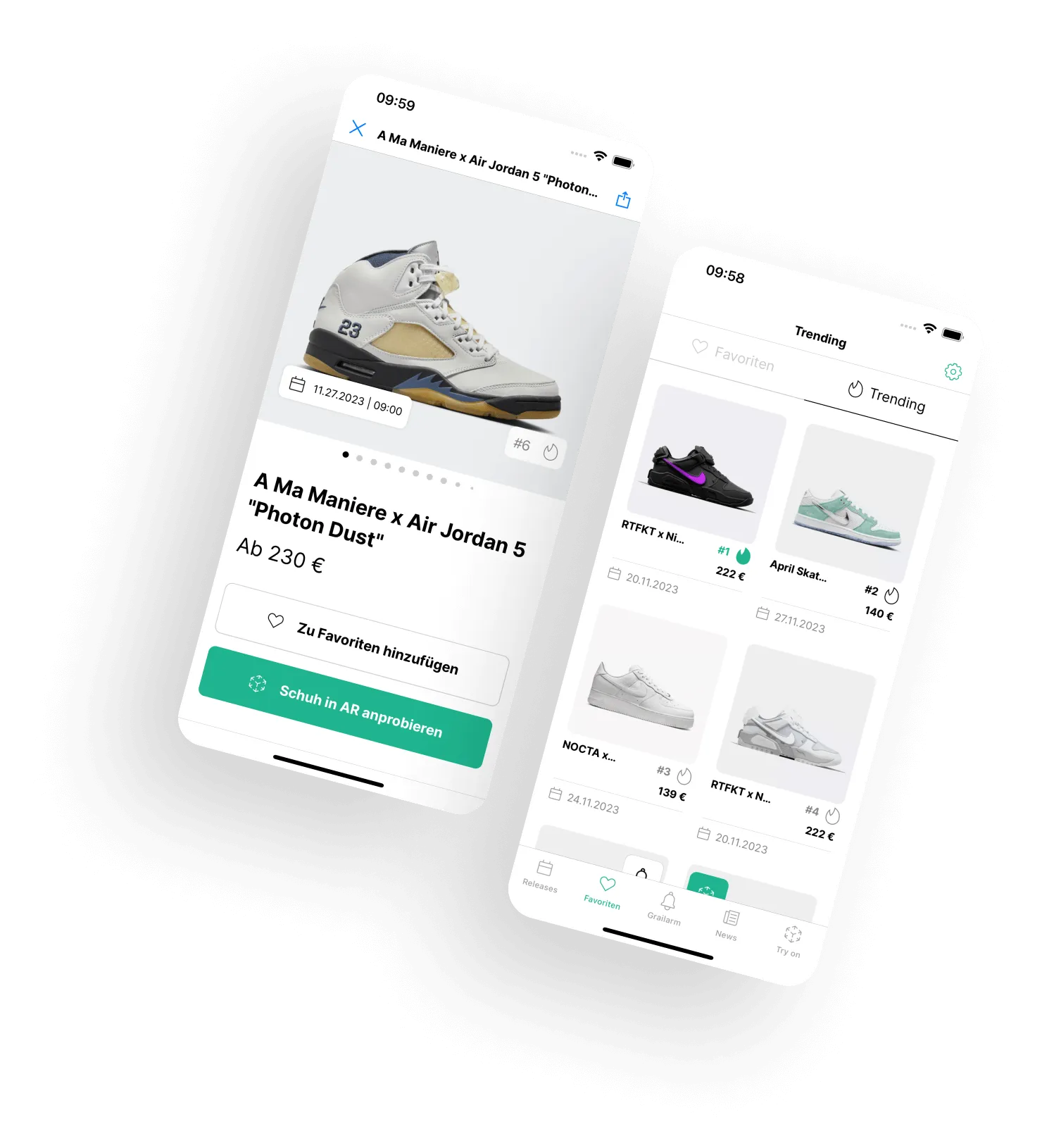 Abbildung von Screendesigns der Grailify-App, mit der die Nutzer neue Sneaker-Versionen entdecken können. Enthält auch Funktionen wie Favoriten, Alarm und News.