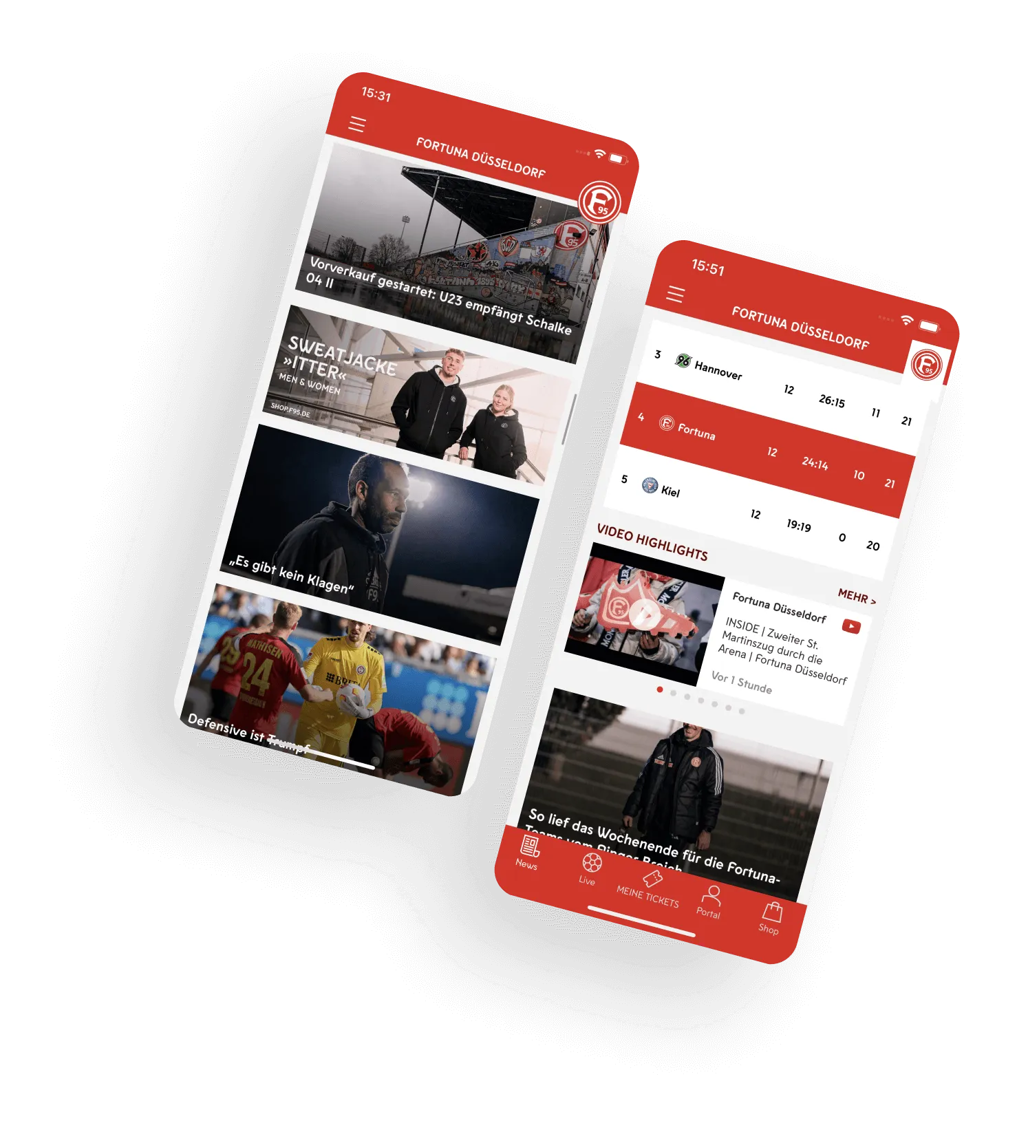 Um die Fortuna Düsseldorf App darzustellen, werden Screens mit Design-Elementen wie News, Spieltabelle und Fan-Inhalten bereitgestellt.