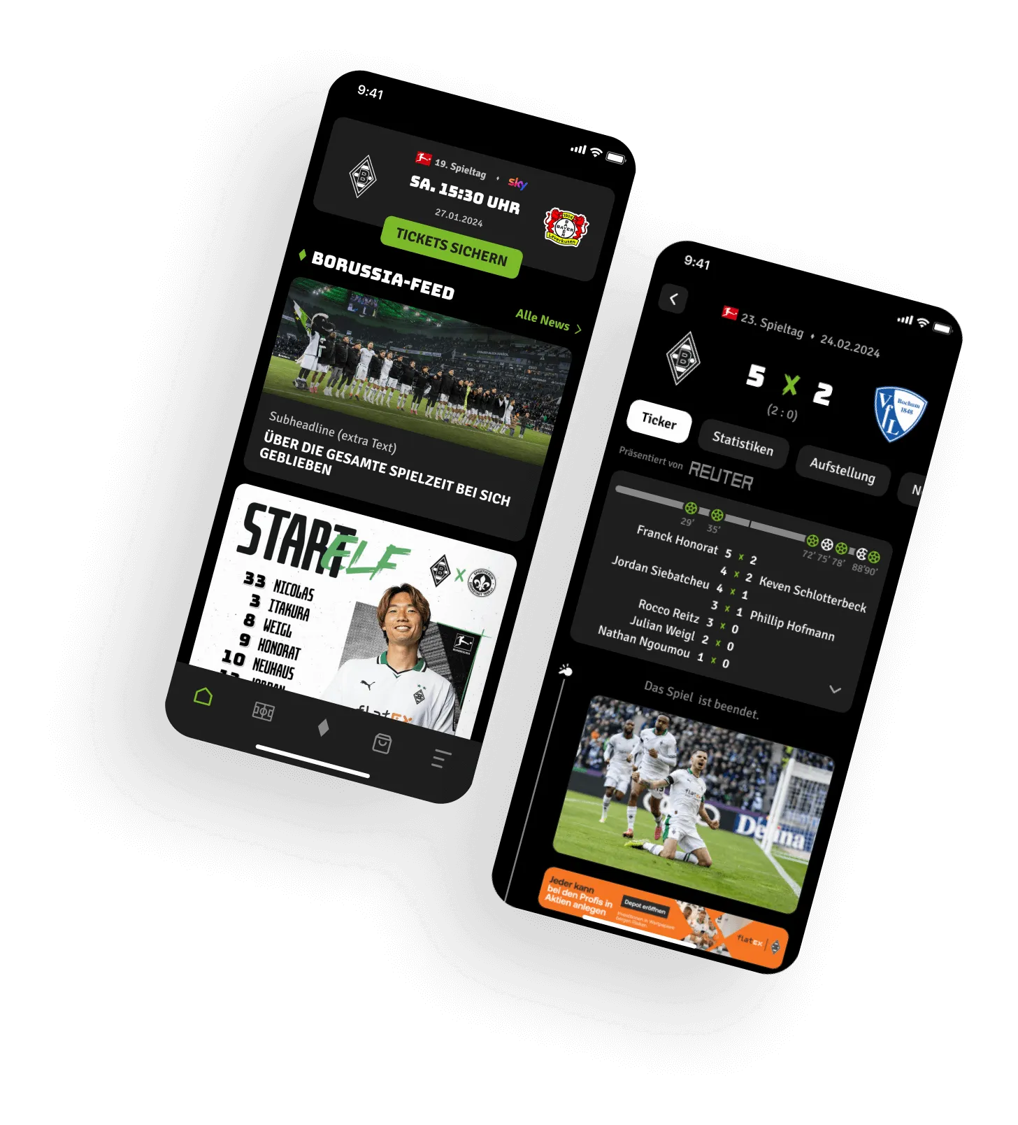 Abbildung von Screendesigns der FohlenApp des Fußballvereins Borussia Mönchengladbach mit Funktionen wie aktuelle News, Live-Ticker, digitale Tickets und detaillierte Spielstatistiken.
