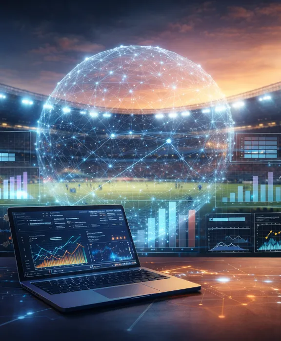 Digitale Visualisierung eines Fußballstadions mit Datenanalysen und vernetzter Plattformstruktur, die zeigt, wie Fan-Daten zentral gesteuert und über verschiedene Touchpoints für digitale Souveränität im Sport genutzt werden können.