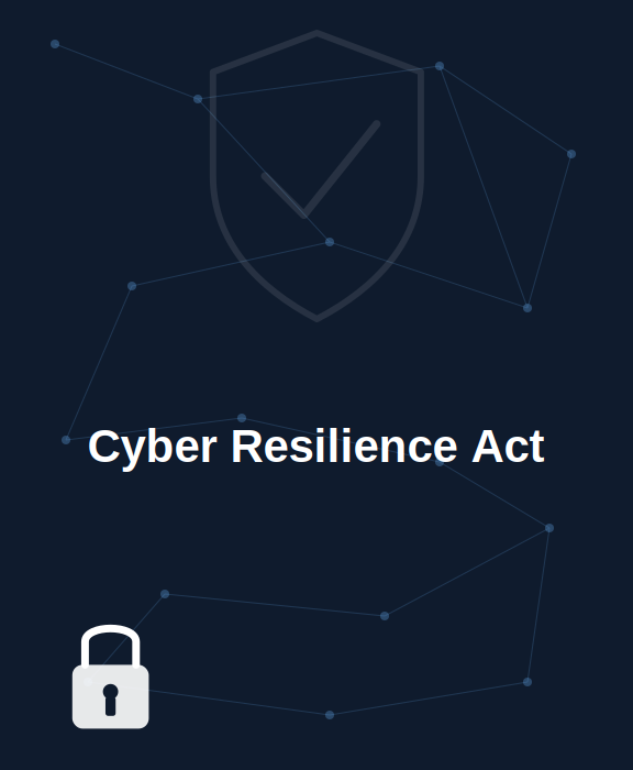 Dunkelblaue Grafik mit vernetzten Punkten im Hintergrund, dem Schriftzug „Cyber Resilience Act“, einem Schild-Icon mit Häkchen sowie einem Schloss-Icon, rechts unten das appsoluts-Logo.