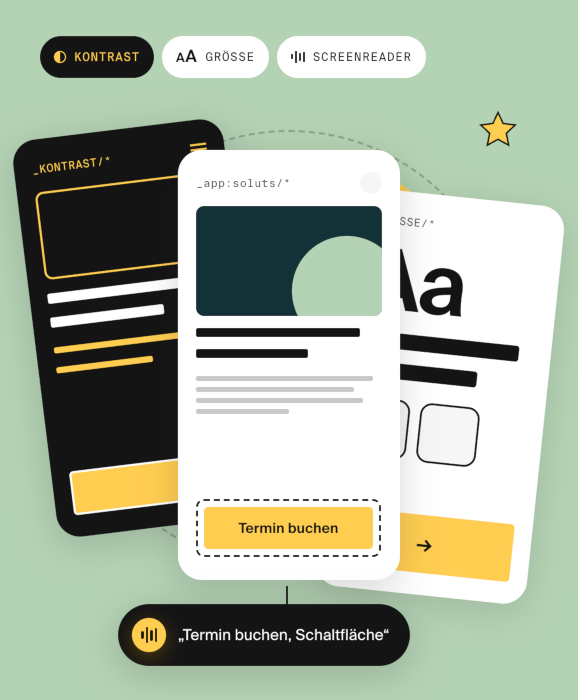 Illustration eines Interfaces, das sich dynamisch an verschiedene Nutzungskontexte anpasst: Kontrastmodi, vergrößerte Elemente und Screenreader-Optimierung.