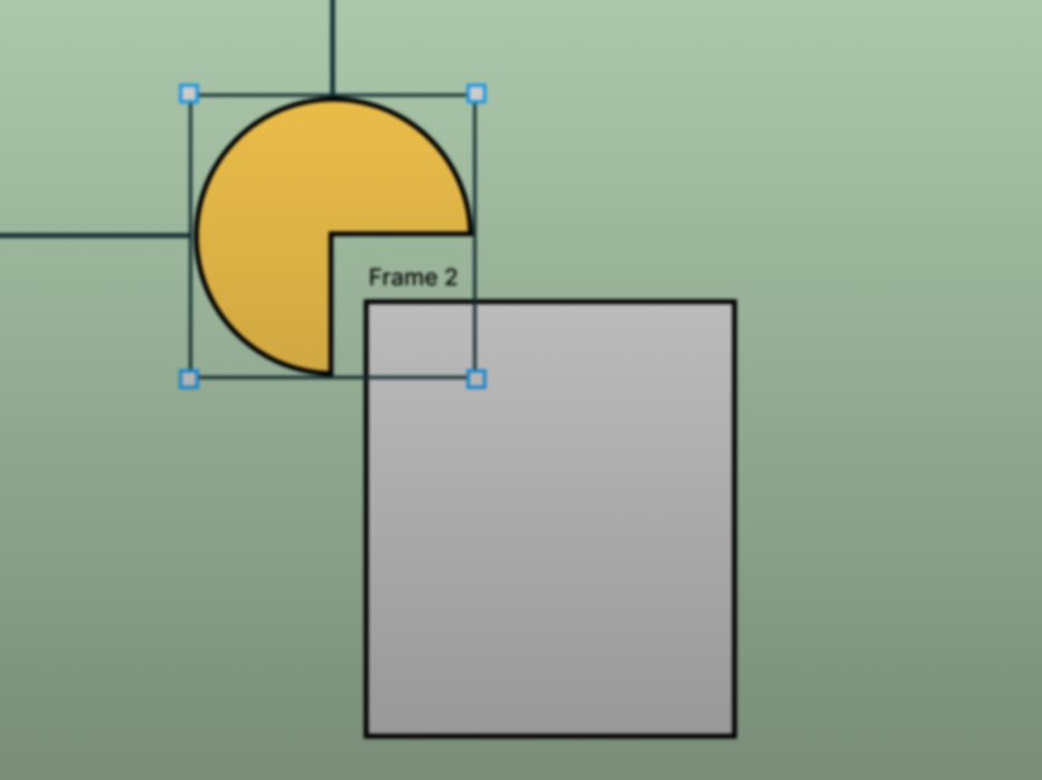 Figma-Arbeitsfläche mit einem gelben, kreisförmigen Icon-Element mit Aussparung, das exakt an einem grauen, mit „Frame 2“ beschrifteten Rahmen ausgerichtet wird. Sichtbare blaue Auswahl-Anfasser zeigen die Positionierung des Elements - Sinnbild für die präzise Komponentenarbeit in einem Designsystem.